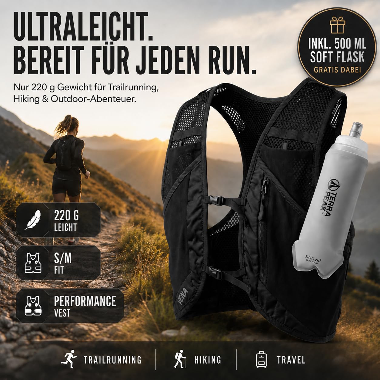 Terra Peak® VENA Laufweste 500ml Trinkflasche - Trinkweste Trinkrucksack Laufen Damen Herren S/M Schwarz Reflektierend - Trail Running Vest Hydration Pack mit Trinkblase-Fach, Stockhalter
