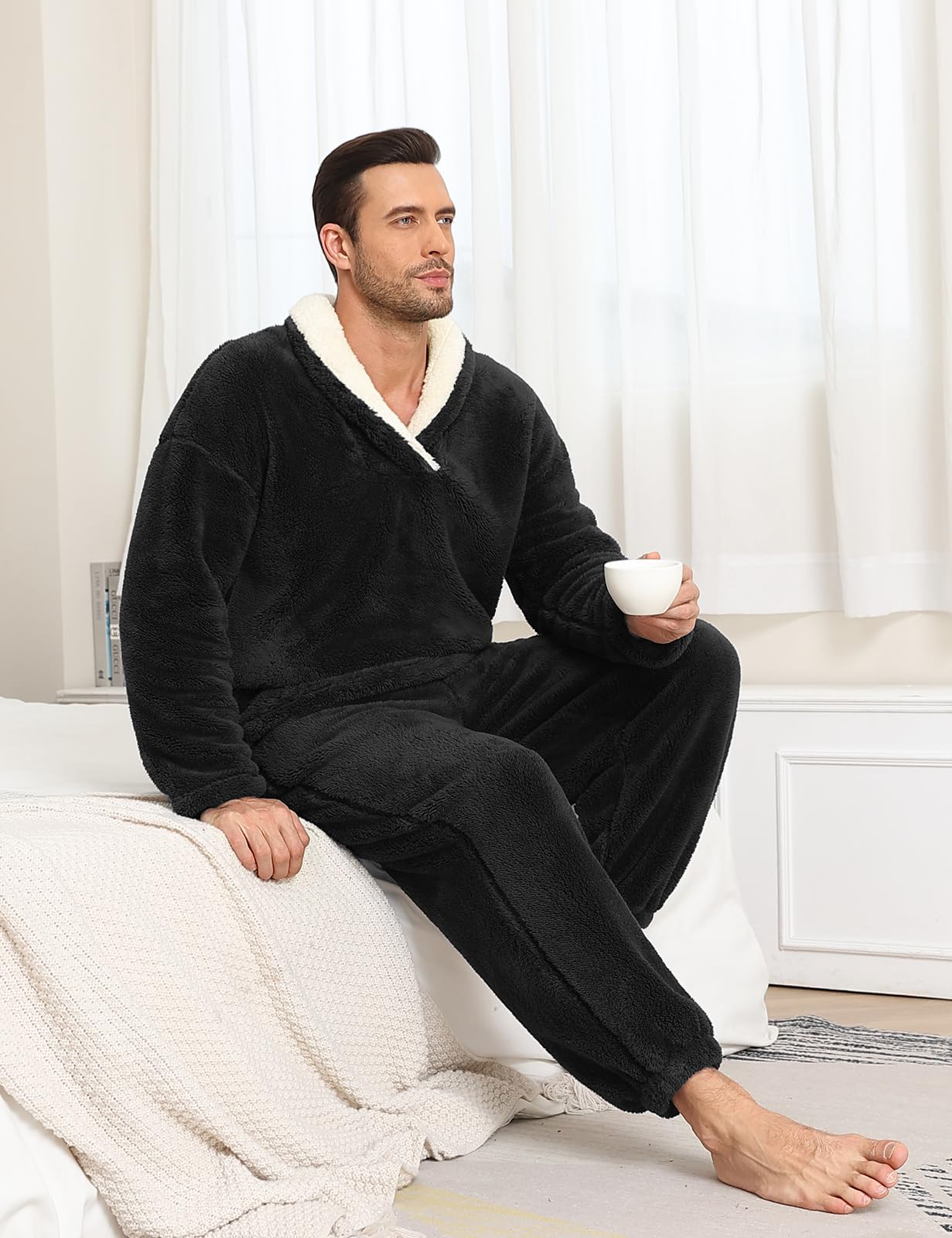 Voqeen Pyjama Homme Hiver en Duvet d'oie 2 Pieces Pijamas Homme Pyjama à Manches Longues en Laine Polaire Douce et Chaude pour La Maison