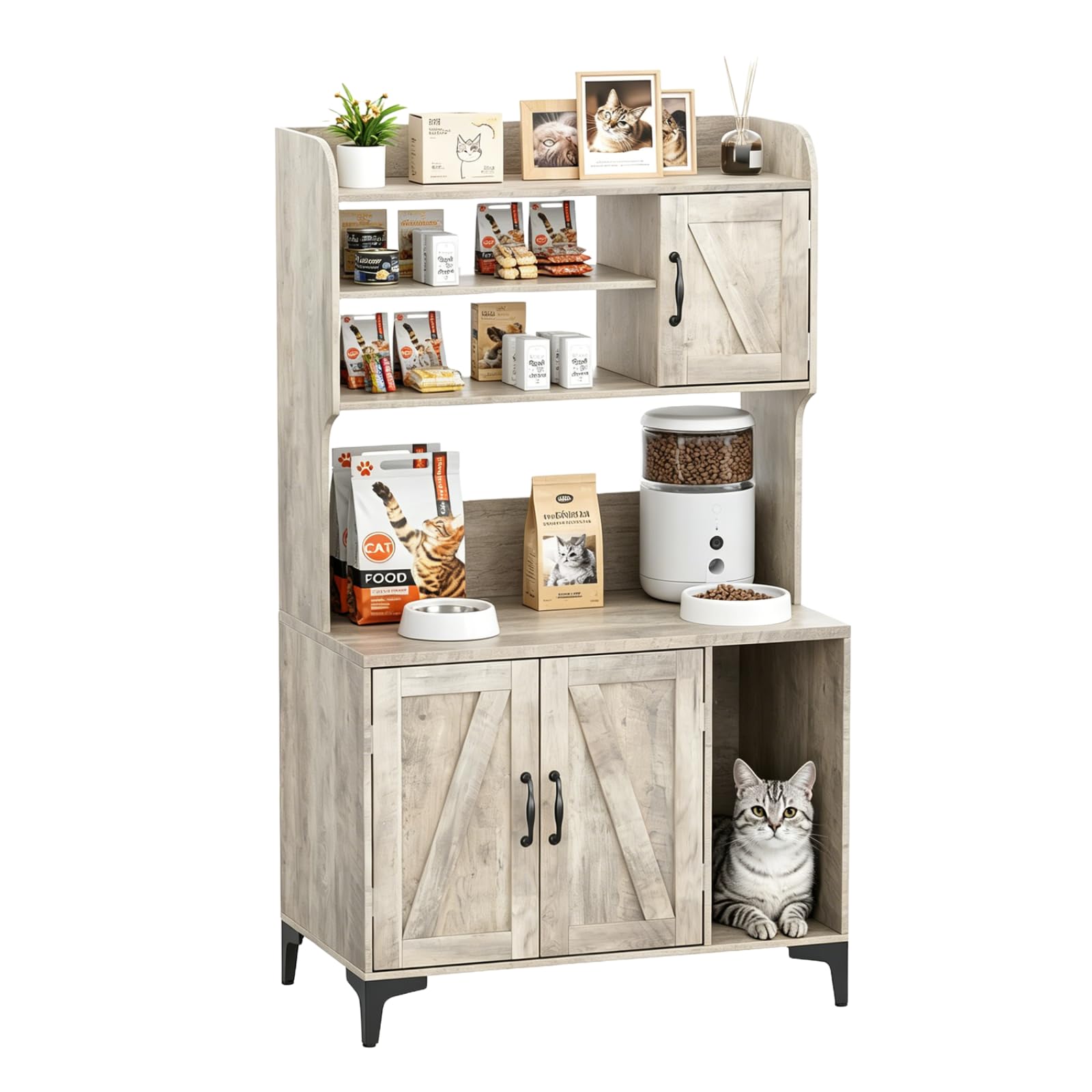 GarveeLife Katzentoiletten-Schrank mit 3 Türen, Mehrzweck-Storage-Schrank für Katzenzubehör, aus Spanplatte/MDF, grau/weiß – platzsparend & stabil