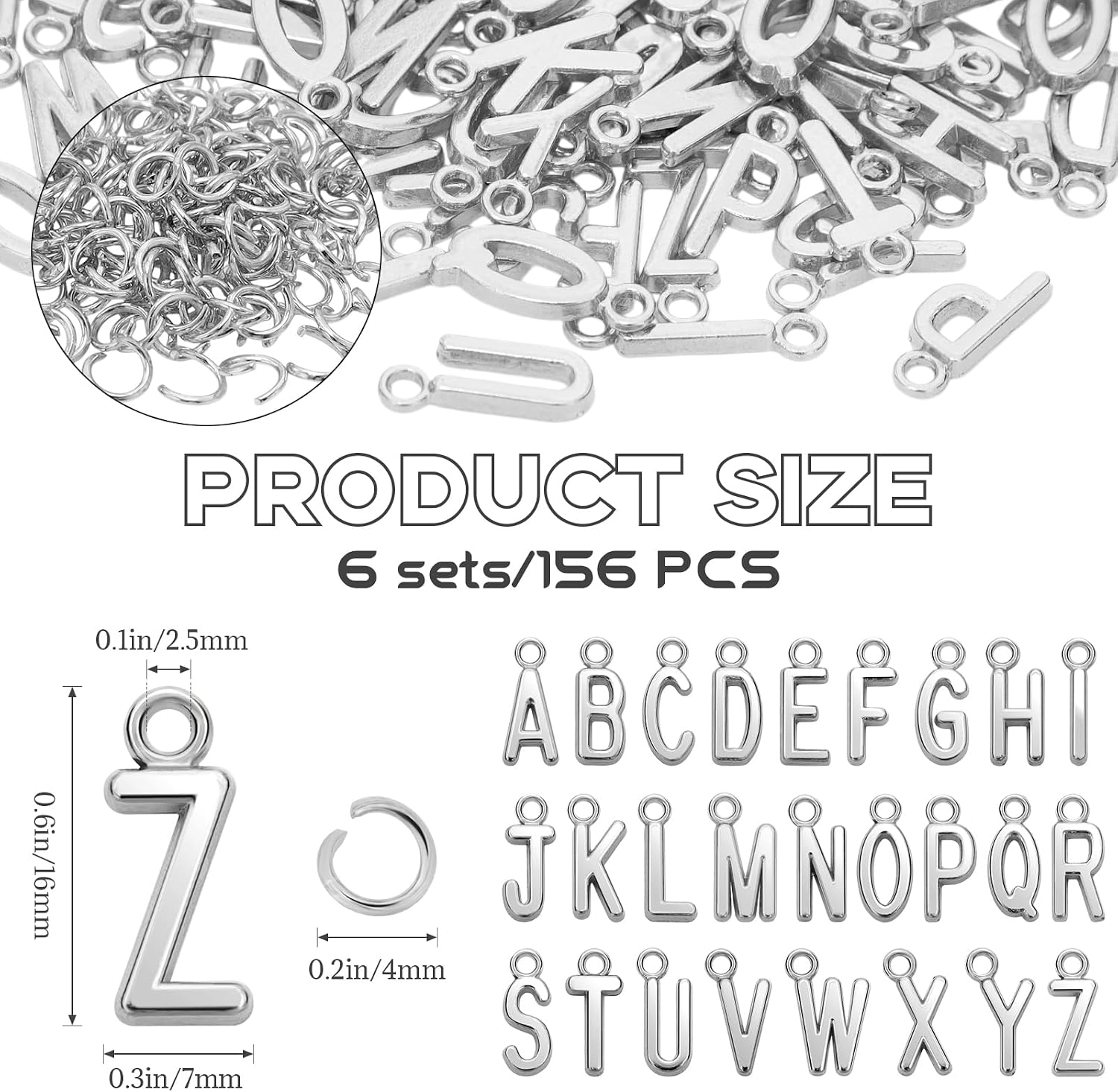 156 Pcs/6 Sets Silver ABC Alphabet Letter Charms, A-Z Metal Pendant Charms with 100 Pcs Open Jump Rings for DIY Bracelet and Necklace Jewelry Making
