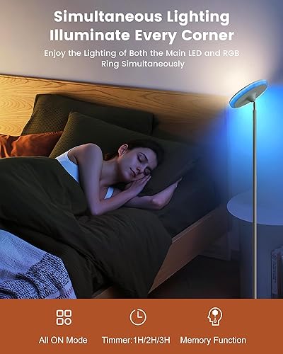 Miniatura 5 de Lámpara de pie de 42 W, lámpara de pie súper brillante de 3700 lm con luz lateral y temporizador, luz alta con control remoto y control táctil,