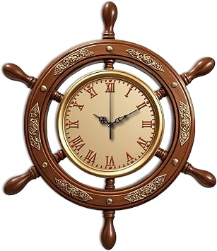 Navigation Wall Clock Ships Wheel Battery Operated Irregular Shape Clocks Flat Printing Non Ticking Clock Decorative for Home Living Room Bedroom Office Decoration, 12.99x15.07 inch