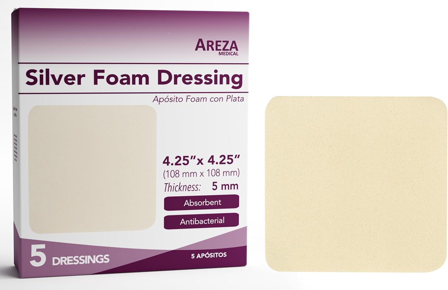 Areza Medical - Silver Foam Wound Dressing Pad - Sterile - 4.25" X 4.25" (10.8 cm X 10.8 cm) - 20 PCS per Box