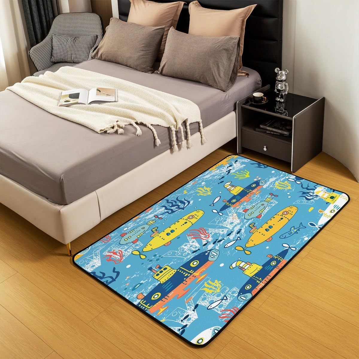 Feelyou Sailboat Area Rug 3x5 Kids Ocean Creature Submarine Decorative Rug for Boys Girls Teens Marine Animals Living Room Rugs Summer Blue Sea Adventure Indoor Floor Mat Room Decor
