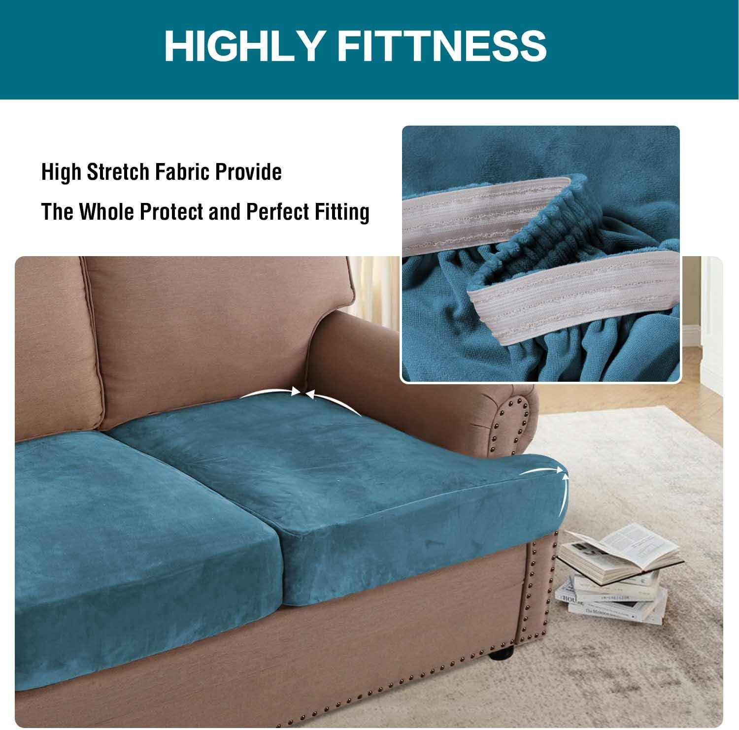 Turquoize Stretch Armchair Covers Velvet Couch Cover Bundle Velvet T Cushion Chair Slipcover, Peacock Blue