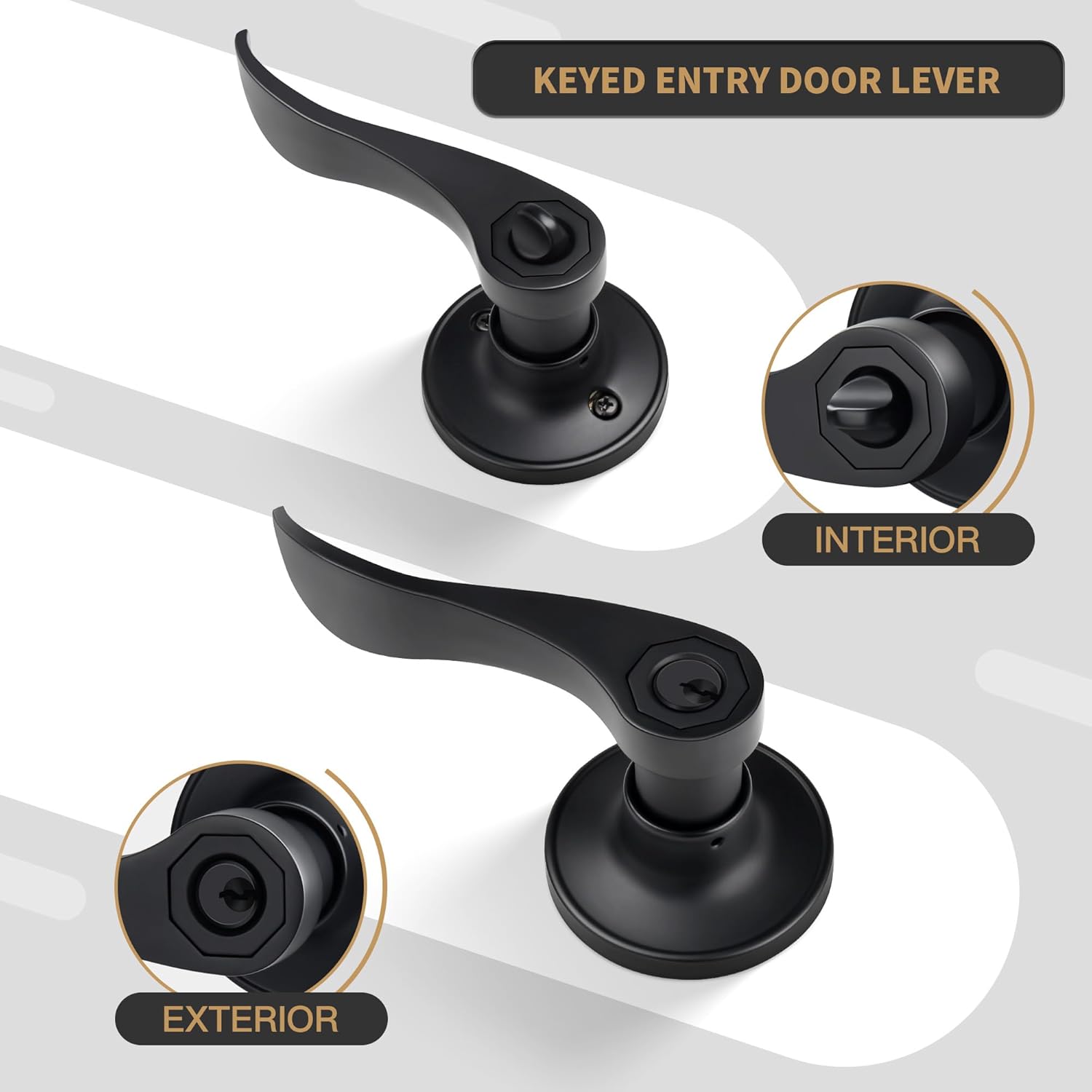 Wave Style Entry Door Handle with Keys, Keyed Door Lever with Lock for Front/Entrance in Matte Black Finish, Reversible Door Lever for Left/Right Doors