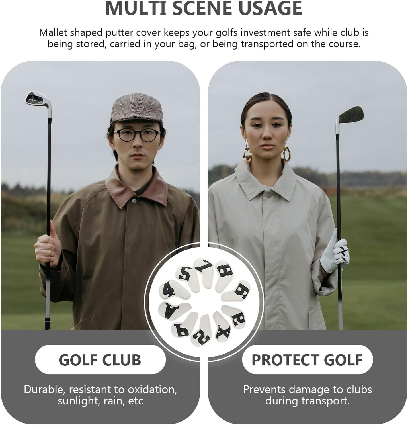 GALPADA 10pcs Golf Iron Club Covers Colorful Gradient Numbers Pu Leather Double-Sided Sleeve Universal Fit Golf Putter and Club Caps Men and Women