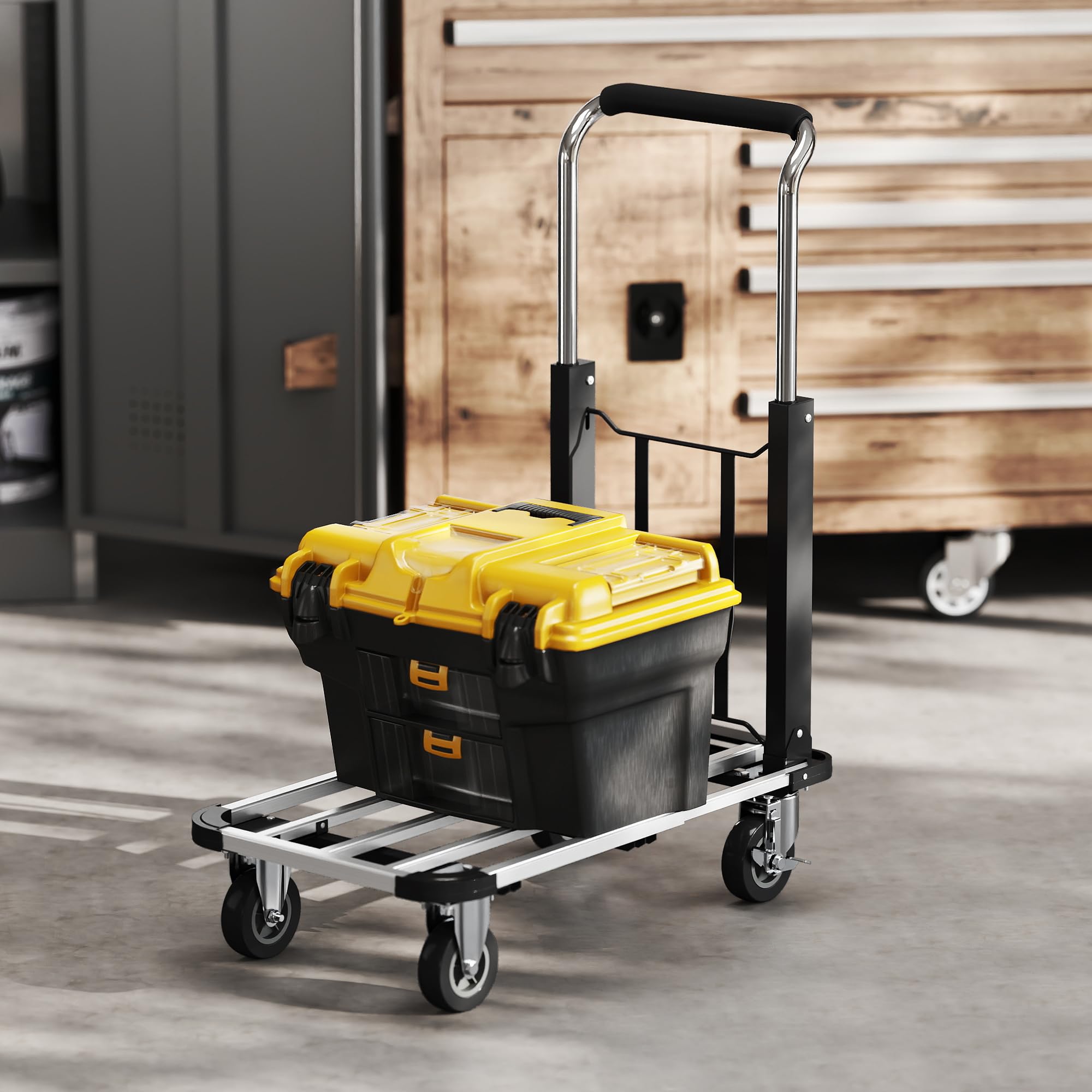 HOMCOM Wózek platformowy, składany, 150 kg, z hamulcem postojowym, kółka skrętne, kolor srebrny | Wózek transportowy, wózek ręczny, wysuwana platforma, regulowany uchwyt, pomoc transportowa, wózek paczkowy