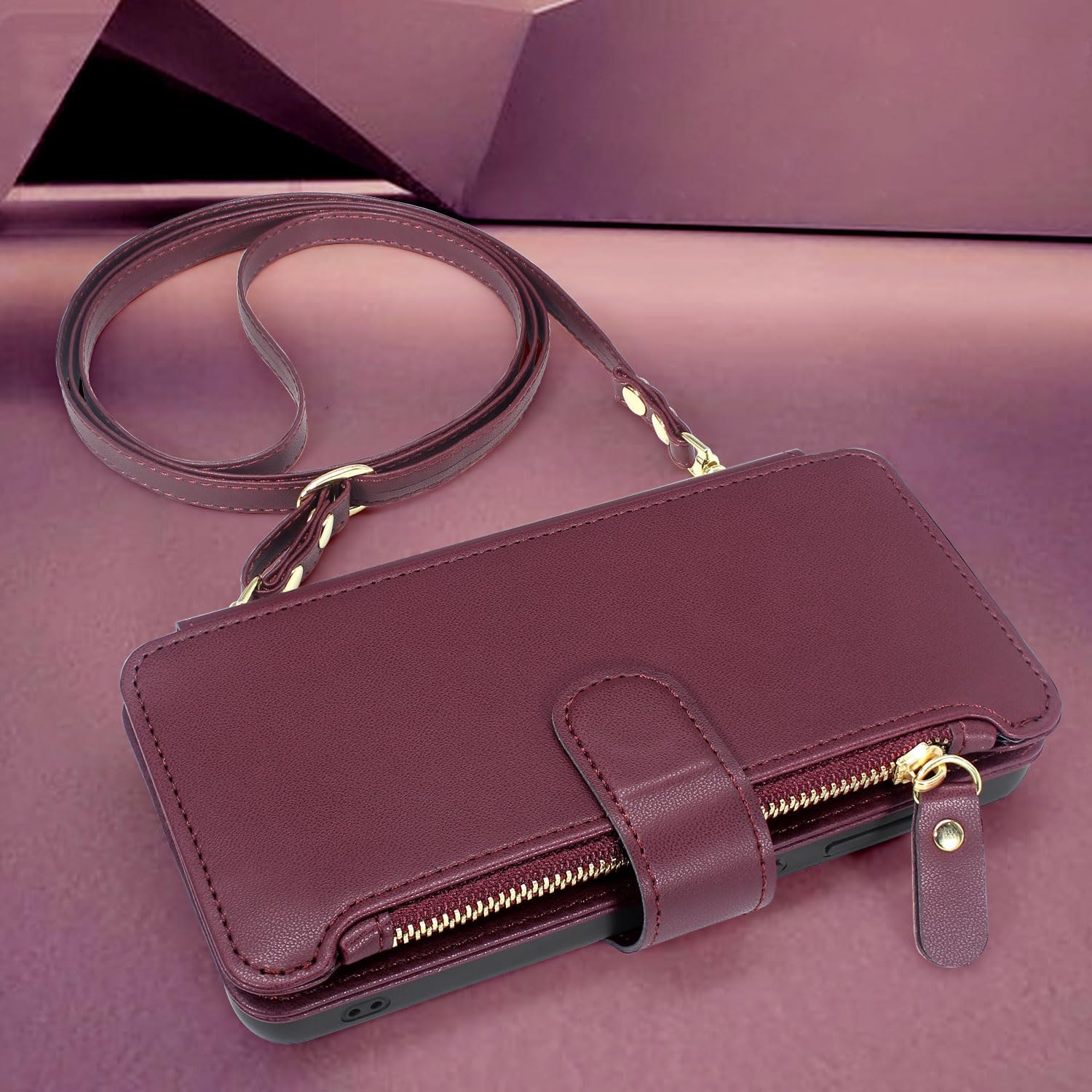 Harryshell Crossbody for Samsung Galaxy S23 FE 5G Case Wallet [8 Card Slots] with [Theft-Scan Blocking],Cash Coin Zipper Pocket Long Shoulder & Wrist Strap for S23Fe (Wine Red)