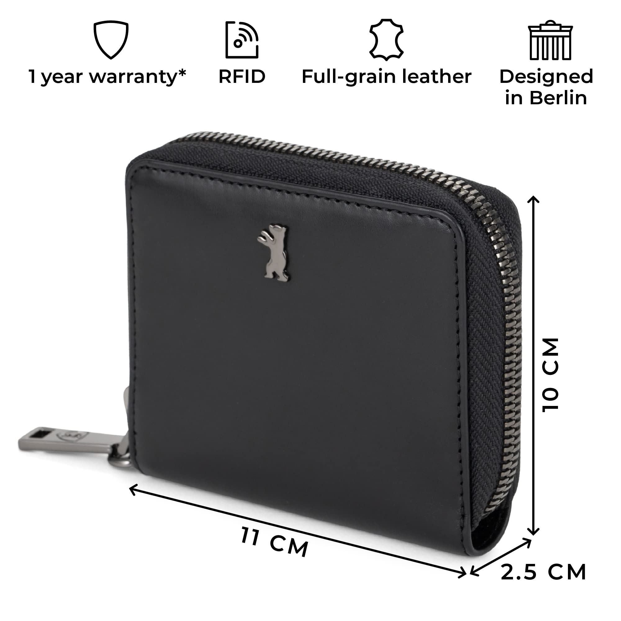 Berliner Bags Portafoglio In Pelle Geneva Con Protezione RFID - Cerniera, 8 Carte, Cinturino Rimovibile - Unisex Nero