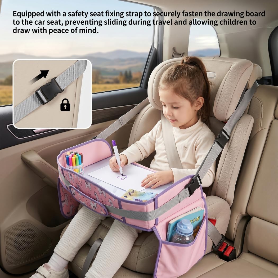 Vassoio da viaggio per seggiolino auto per bambini, vassoio da viaggio per bambini con cinghie di sicurezza e tasche portaoggetti, seggiolino auto per disegno e intrattenimento in movimento, scrivani