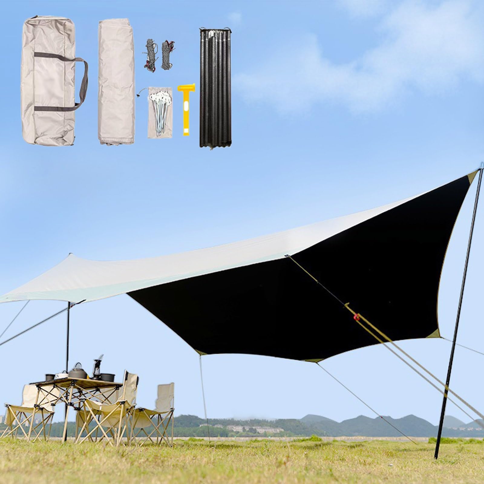 Toldo Camping 5.6X4.40M Impermeable, Ultraligero Y Portátil Toldo De Refugio con Palos, Estacas Y Cuerdas, Protección UV, Anti Desgarro, Tarp para Picnic Pesca Senderismo(Beach Gold,560x440x260mm)