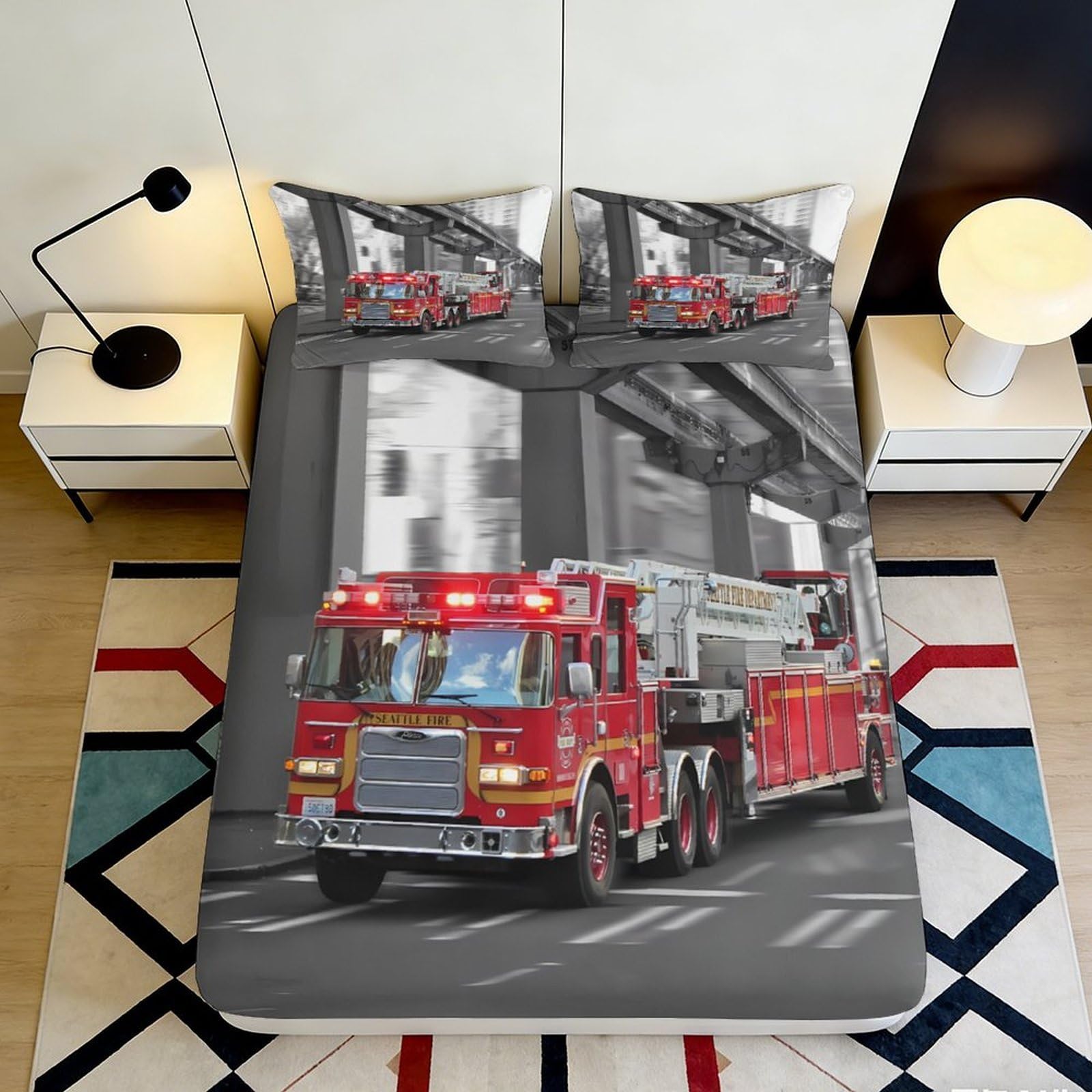3D Printed Fire Truck Fitted Sheet Microfiber Soft Red City Scene Bed Cover for Bedroom Dorm Mattress Protector Decor 90x200x25cm