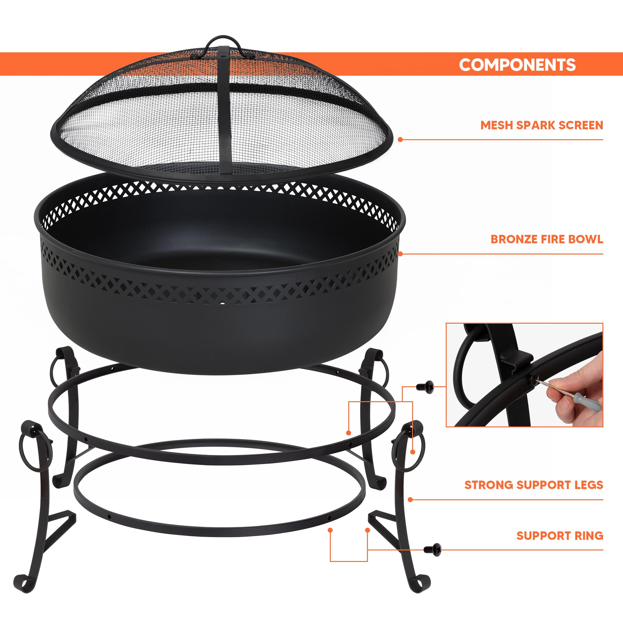 SUNCREAT Braciere da esterno con rete parascintille, 101,6 cm, portatile, per campeggio, bronzo
