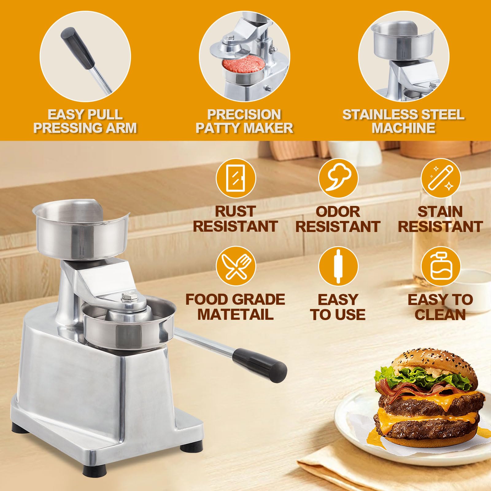 Gewerblicher Burger-Patty-Maker, 13 cm Hamburger-Rindfleisch-Patty-Maker, Robuste Burgerpresse Aus Lebensmittelechtem Edelstahl, Küchen-Fleischformmaschine Mit 500 Patty-Papier