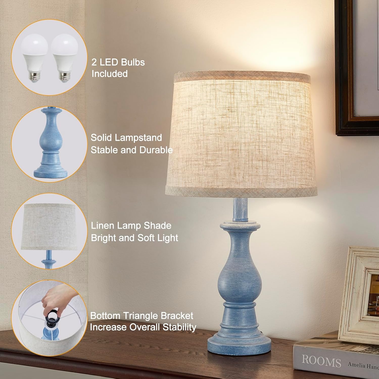 Vintage Table Lamp for Living Room Bedroom, 18.5" Farmhouse Bedside Lamps Nightstand Lamp Set of 2, Table Lamps with Oatmeal Linen Lamp Shades, 2 LED Bulbs Included, Blue