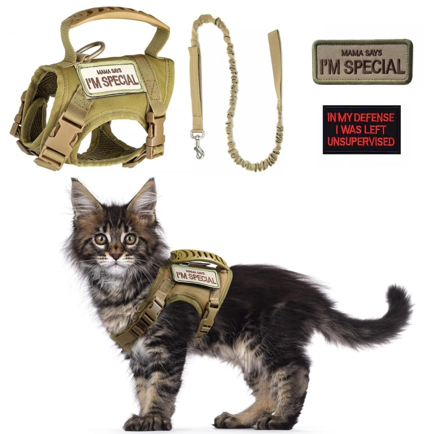 Tactical Cat Harness and Leash Set for Walking Escape Proof Adjustable Large Cat Vest Harness with Patches Soft Mesh Padding Rubber Handle Easy to Control (Khaki Harness & Leash)