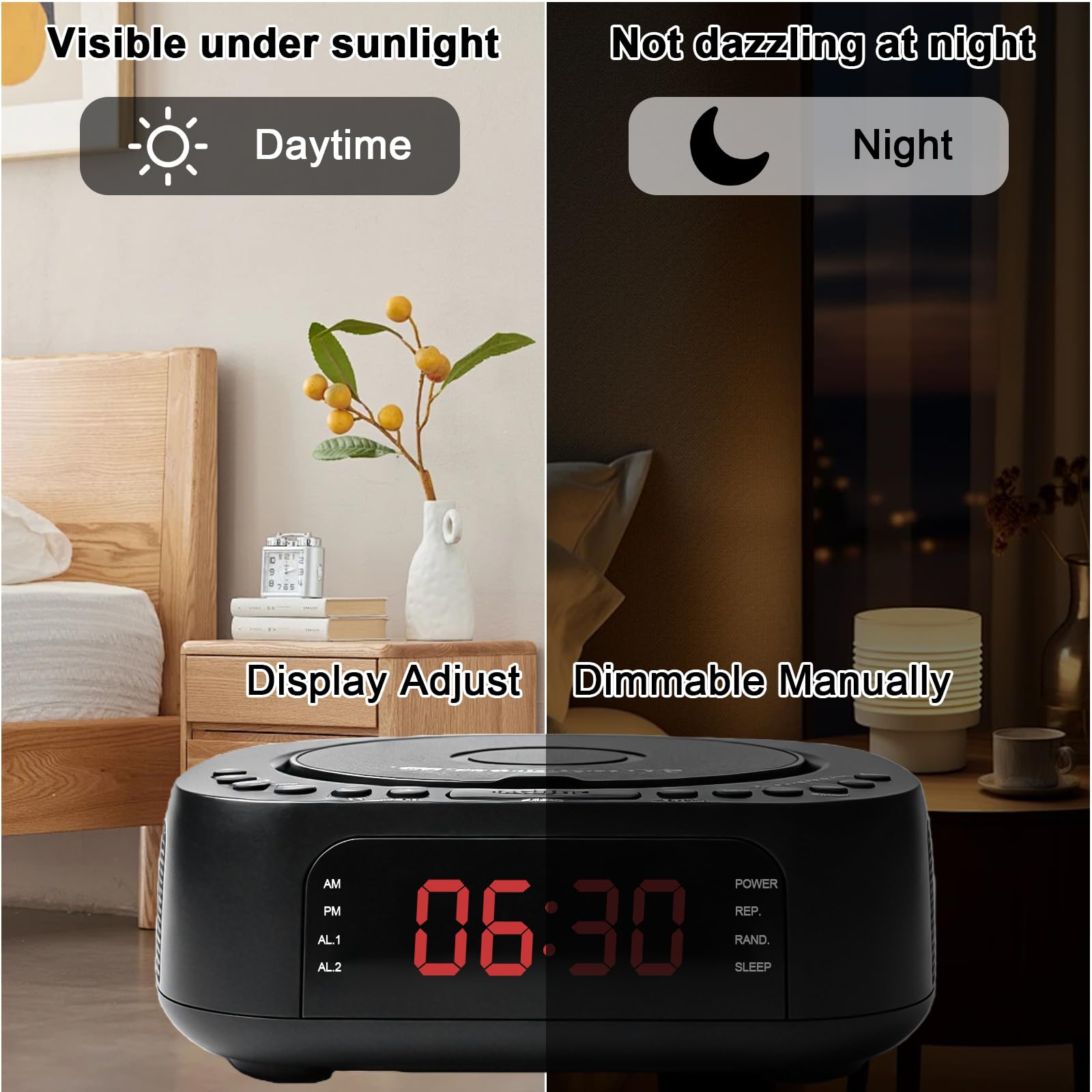 Lecteur CD portable avec Bluetooth, radio FM, lecteur CD MP3 avec double haut-parleur stéréo, réveil, SleepTimer, lecteur CD rechargeable, prend en charge USB/AUX, grand écran, télécommande, noir
