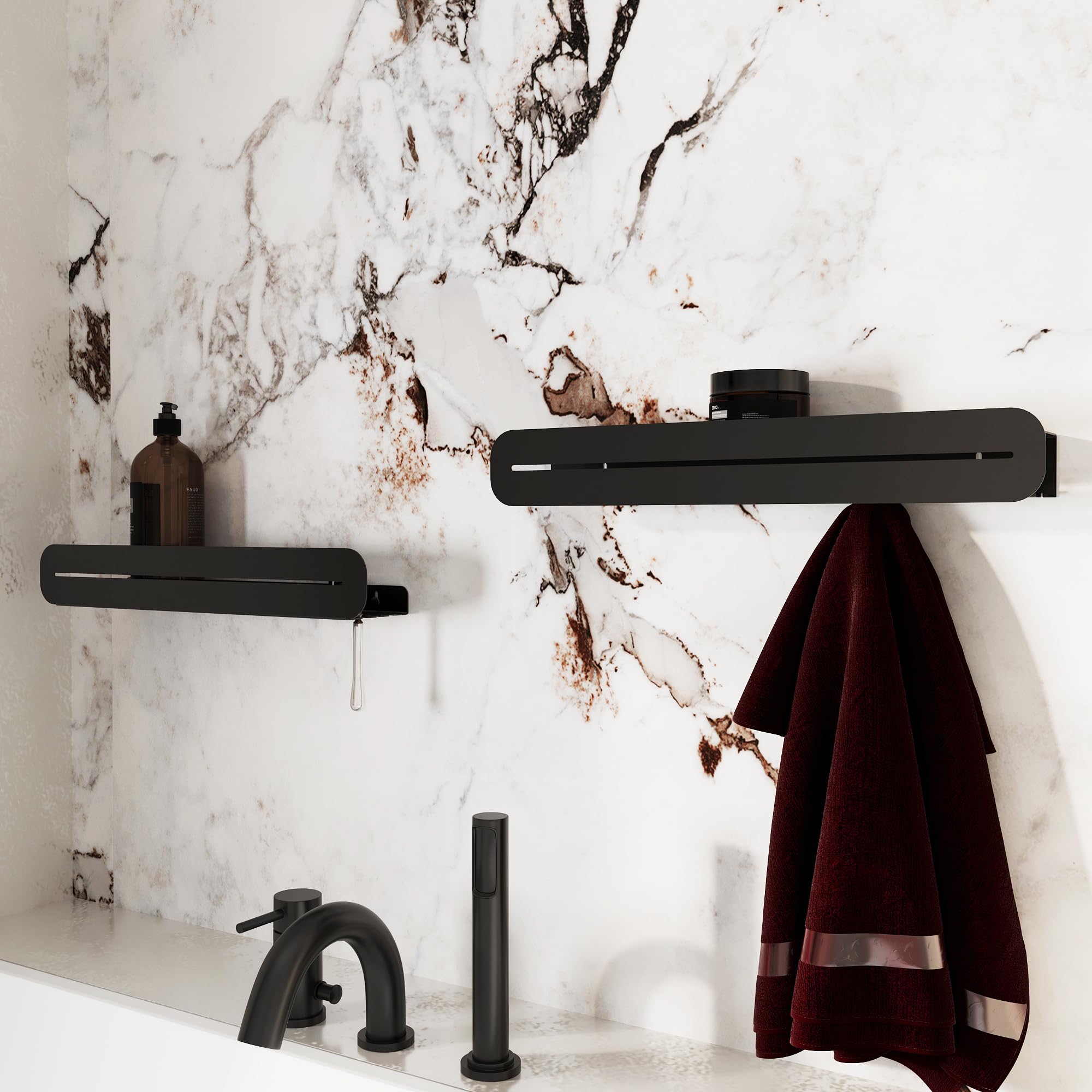 Estantería de pared para baño con ganchos, juego moderno de 2 piezas – Estante de ducha y estante con toallero de metal negro con recubrimiento en polvo – ducha, baño, cocina, pasillo - sin Taladro