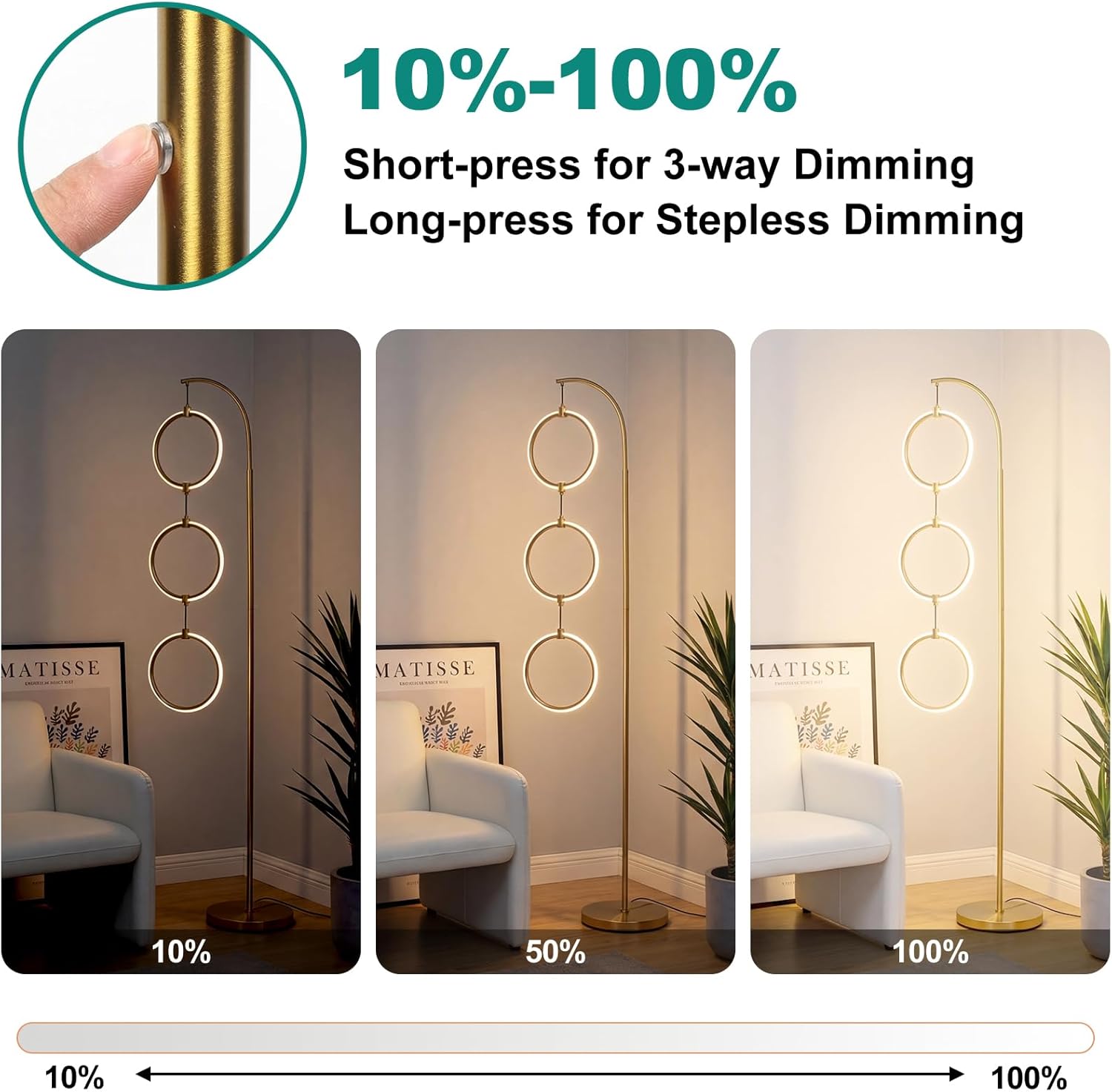 Gold 3-Light LED Floor Lamp, Modern Arc Floor Lamp for Living Room, Industrial Stepless Dimmable & 3-Way Dimmable Tall Arch Standing Floor Lamp for Reading, Bedroom, Office, Antique Brass
