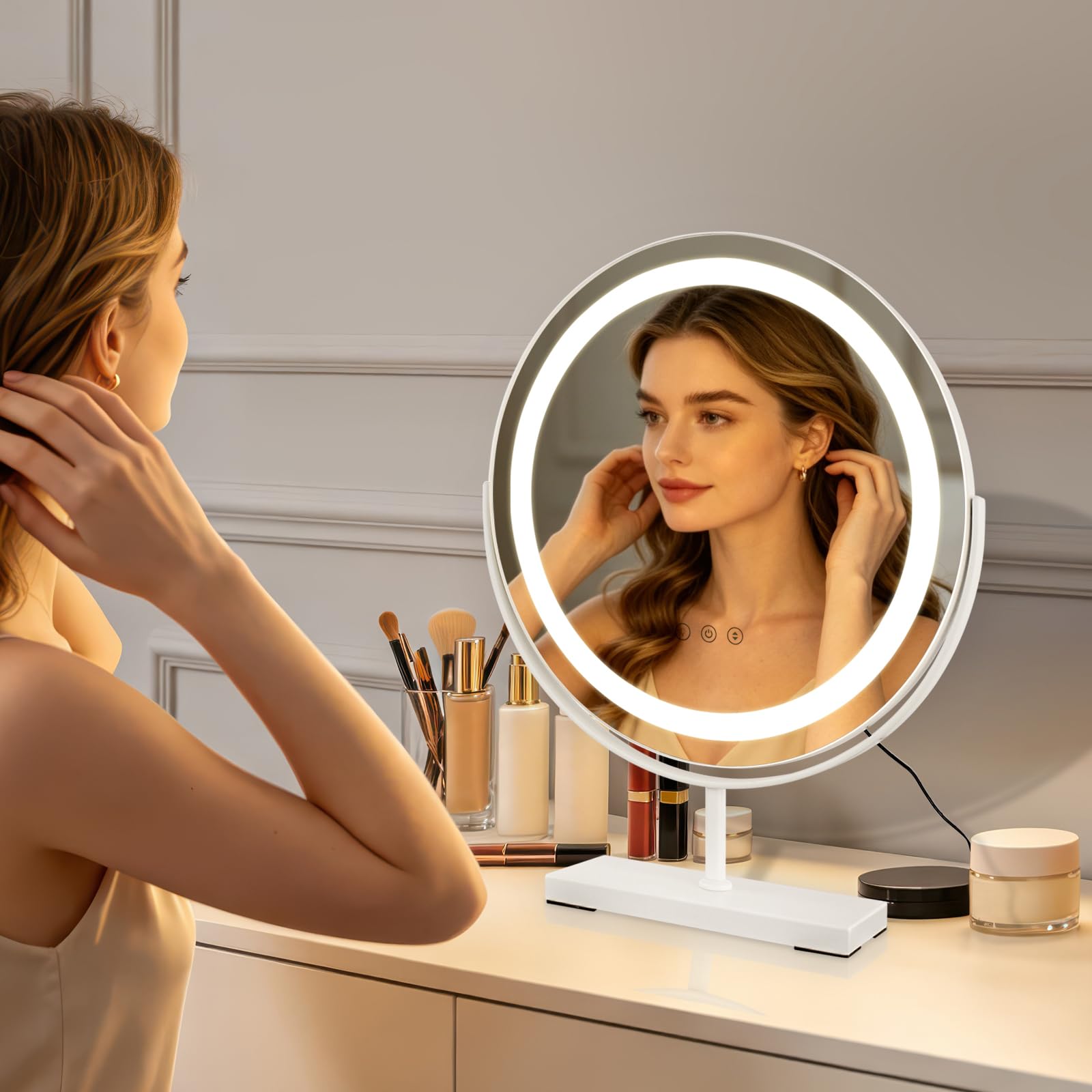 MantoLite Espejo de Maquillaje Redondo LED Iluminado 40 cm Blanco Táctil | Espejo de maquillaje grande giratorio 360° con luces, espejo de mesa regulable con 3 modos de iluminación.