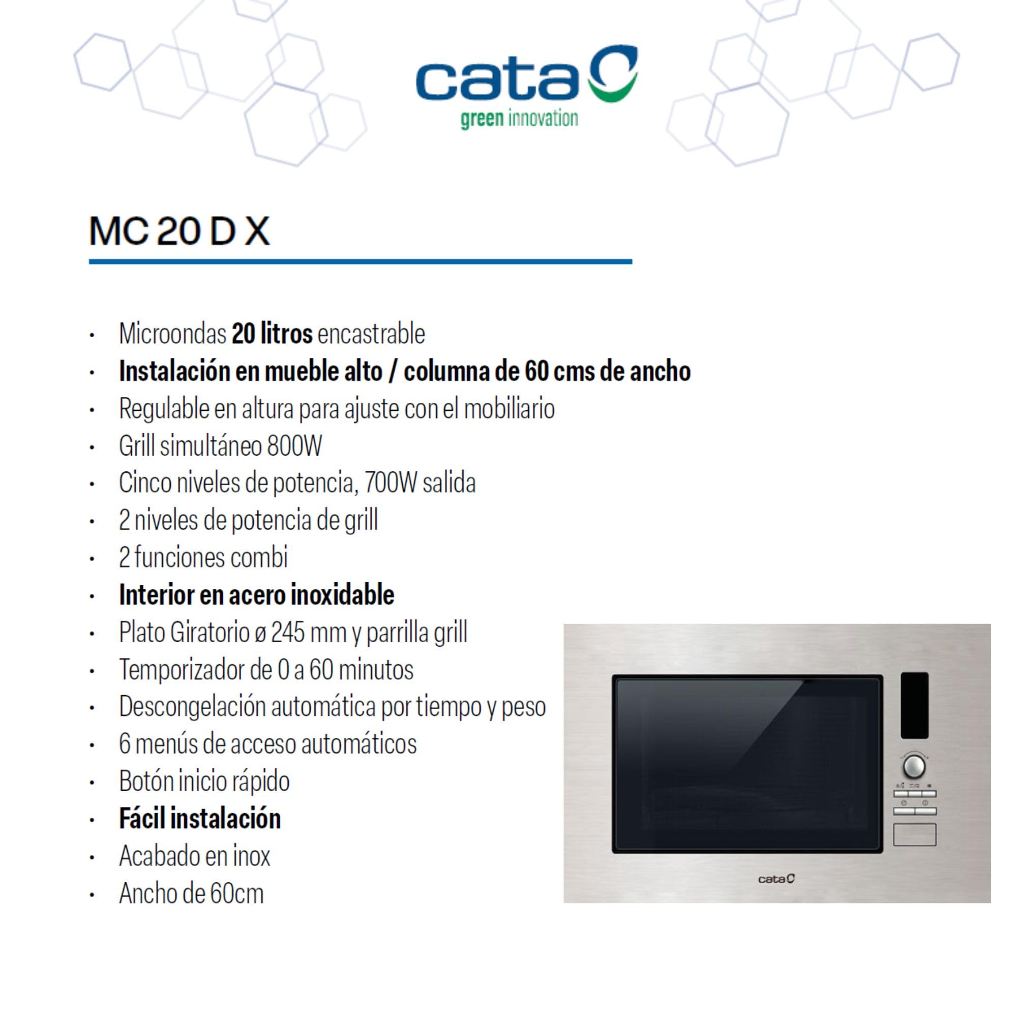 Cata MC 20 D X - Microonde da incasso, 20 litri, 60 cm, grill, 7 livelli di potenza, in acciaio inox, grigio