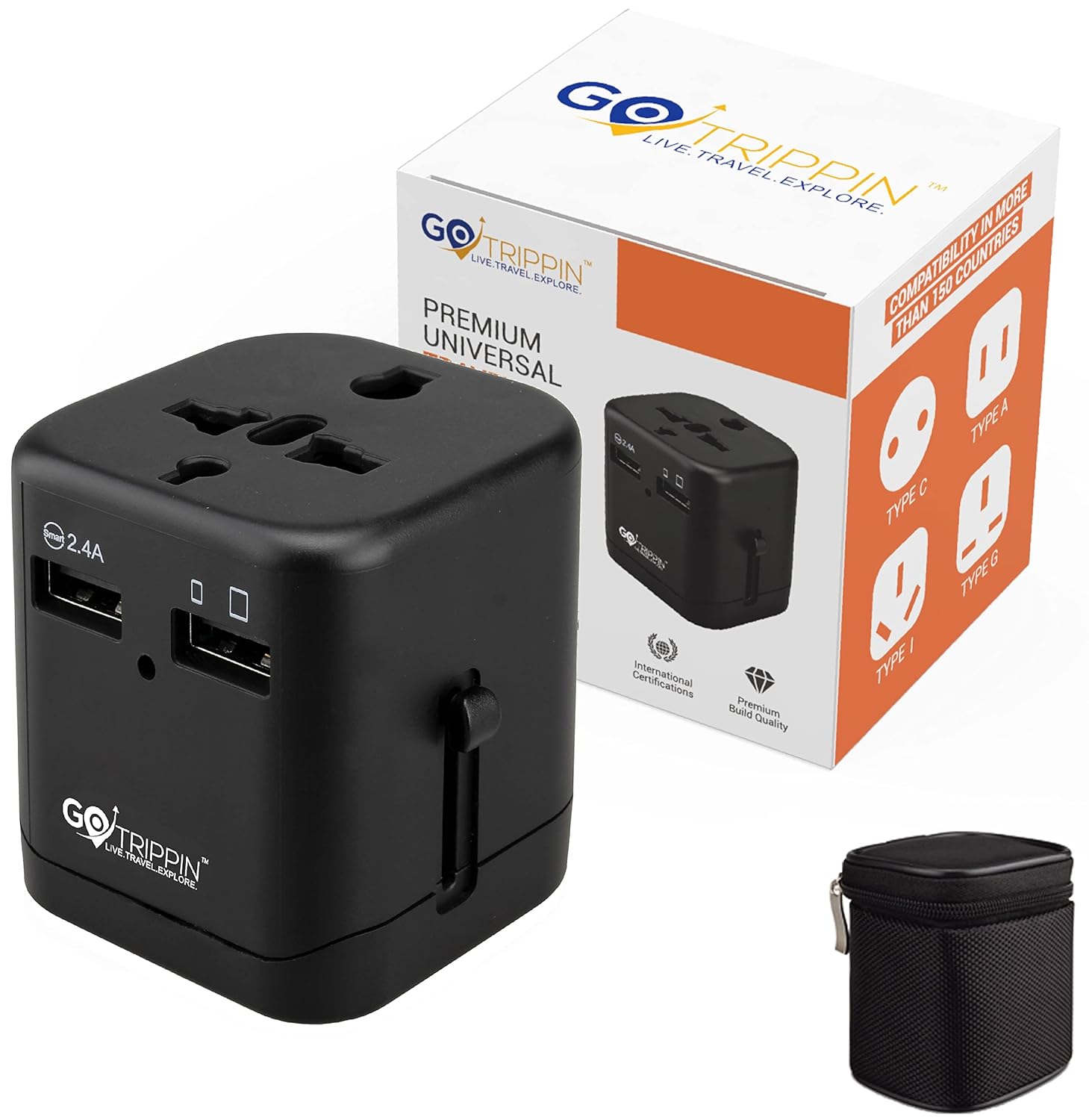 GoTrippin Premium Universal Travel Adapter with Dual USB Charger Ports and Smart Charging