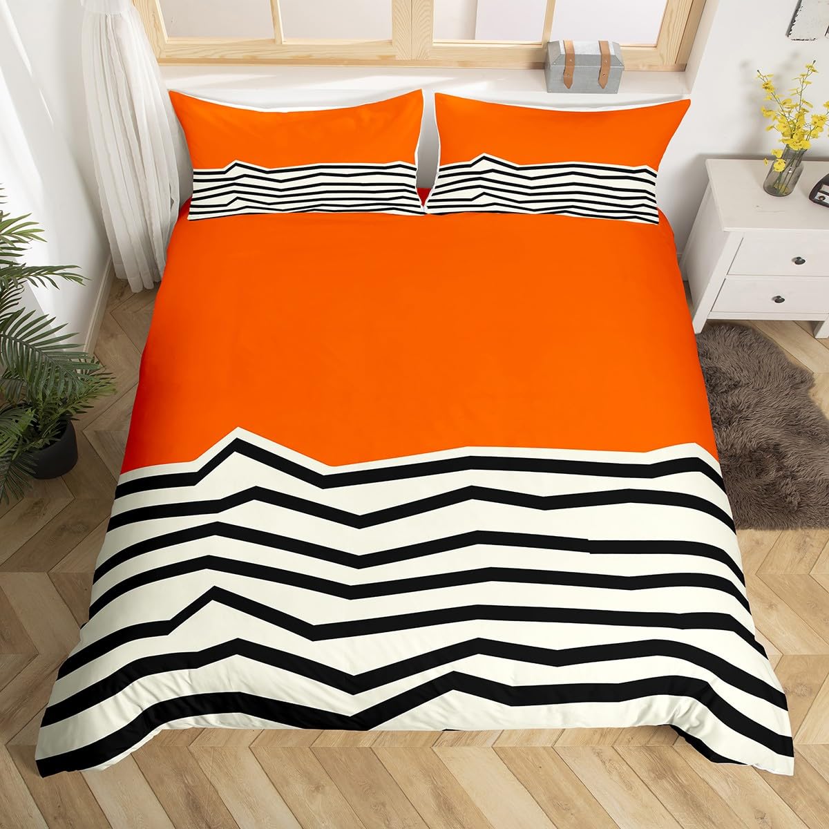 Homewish Orange White Geometric Cot Size Duvet Cover Set - Abstract Black Wavy Striped Bedding with 1 Pillowcase - Mid-Century Modern Stripe Print Microfiber Quilt Cover Art Deco Bed Sets