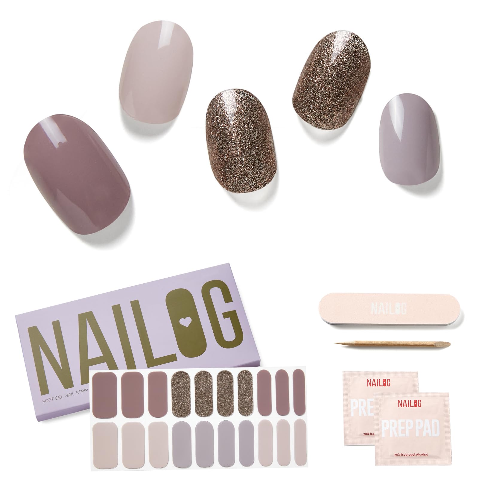 Nailog Last Night 1 Semi Cured Gel Strips (20 Extra Long Stickers), Uv/Led Lamp Glossy & Long Lasting Soft Gel Finish Wrap,