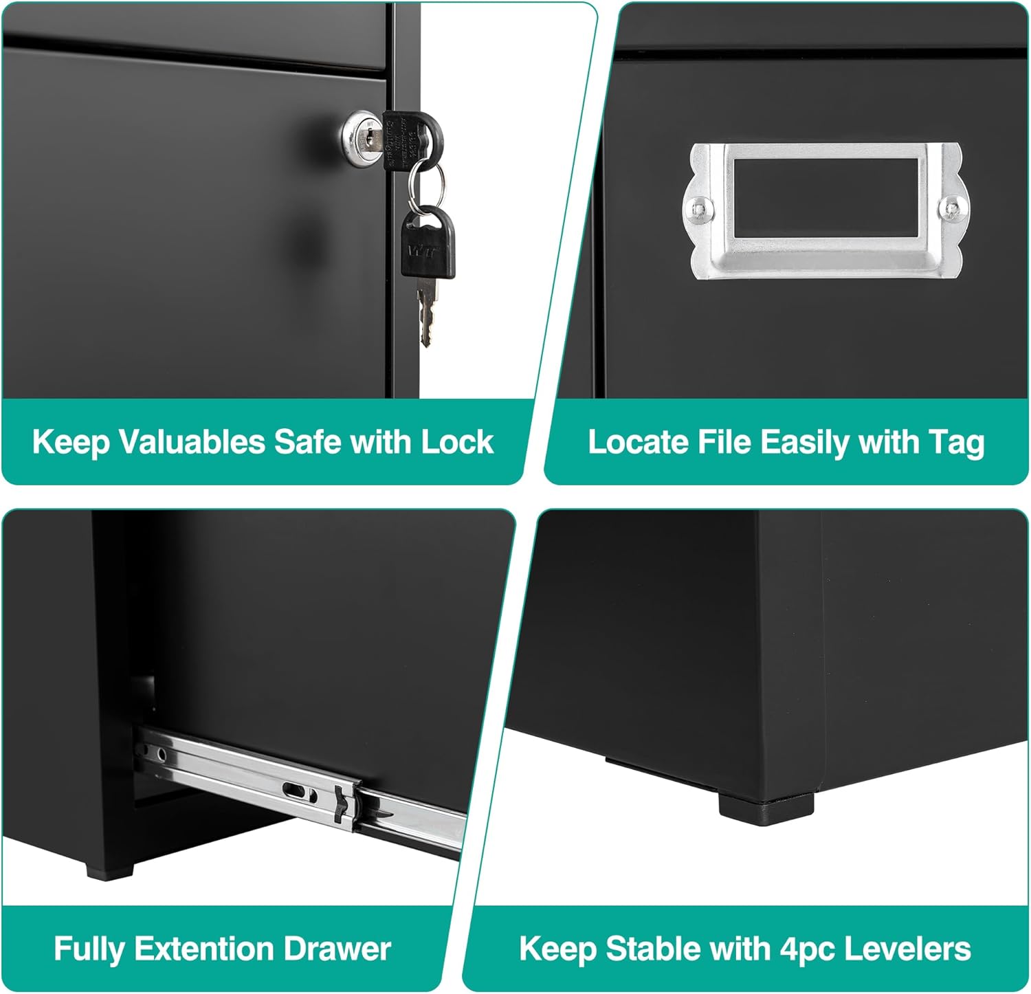 SISESOL 2 Drawer File Cabinet with Lock,Narrow Vertical Filing Cabinet,Under Desk File Cabinets,Black Metal File Cabinets for Home Office,Fit Letter/A4/Legal Size File,Easy Assembly