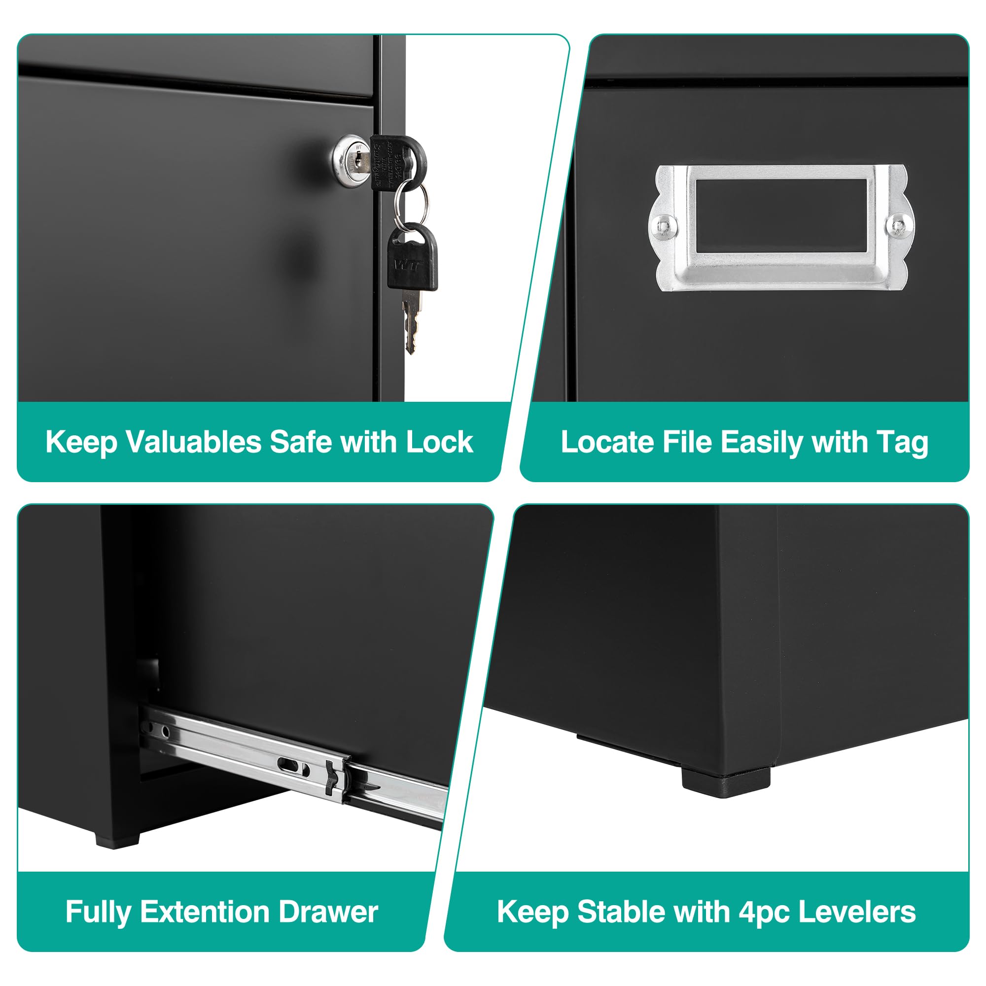 SISESOL 2 Drawer File Cabinet with Lock,Narrow Vertical Filing Cabinet,Under Desk File Cabinets,Black Metal File Cabinets for Home Office,Fit Letter Size,Files Folder,Easy Assemble