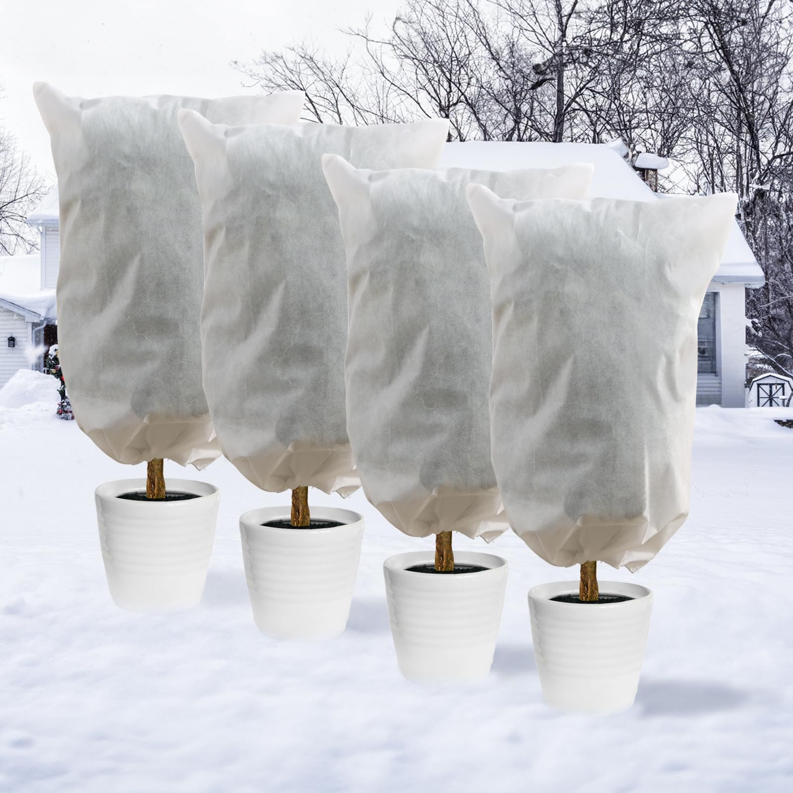 DazSpirit4pcs 0.8x1 M Plant Fleece Frost Protection, Non-Woven Garden Fleece Frost Protection with Drawstring and Zipper, Plant Covers for Winter to Protect Outdoor Plants, Frost, Insects