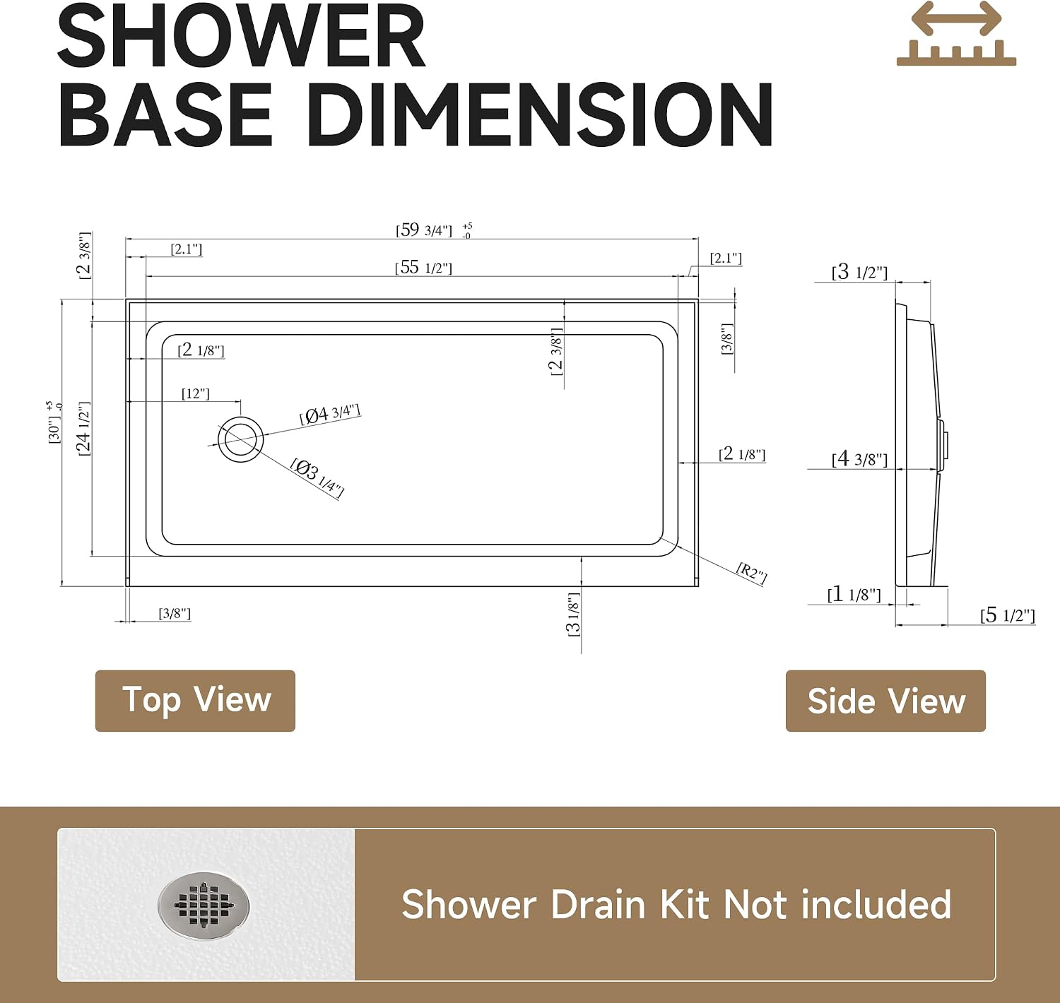 60" L x 30" W Shower Pan Base, Left Drain Acrylic Shower Base with Single Threshold, Bathroom Shower Floor Rectangle Shower Pan, Non-Slip Textured Surface, White