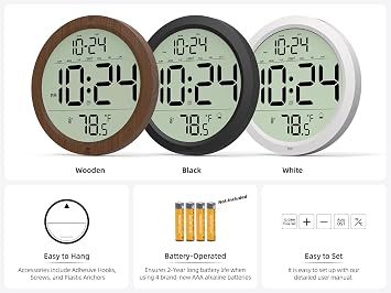 Digital Wall Clock Battery-Operated, 8 Inch Small Decorative Modern Wood Wall Clock with Date, Temperature, Auto-DST, Silent Electric Wall Clock for Bedroom, Living Room, Kitchen, Office, Farmhouse