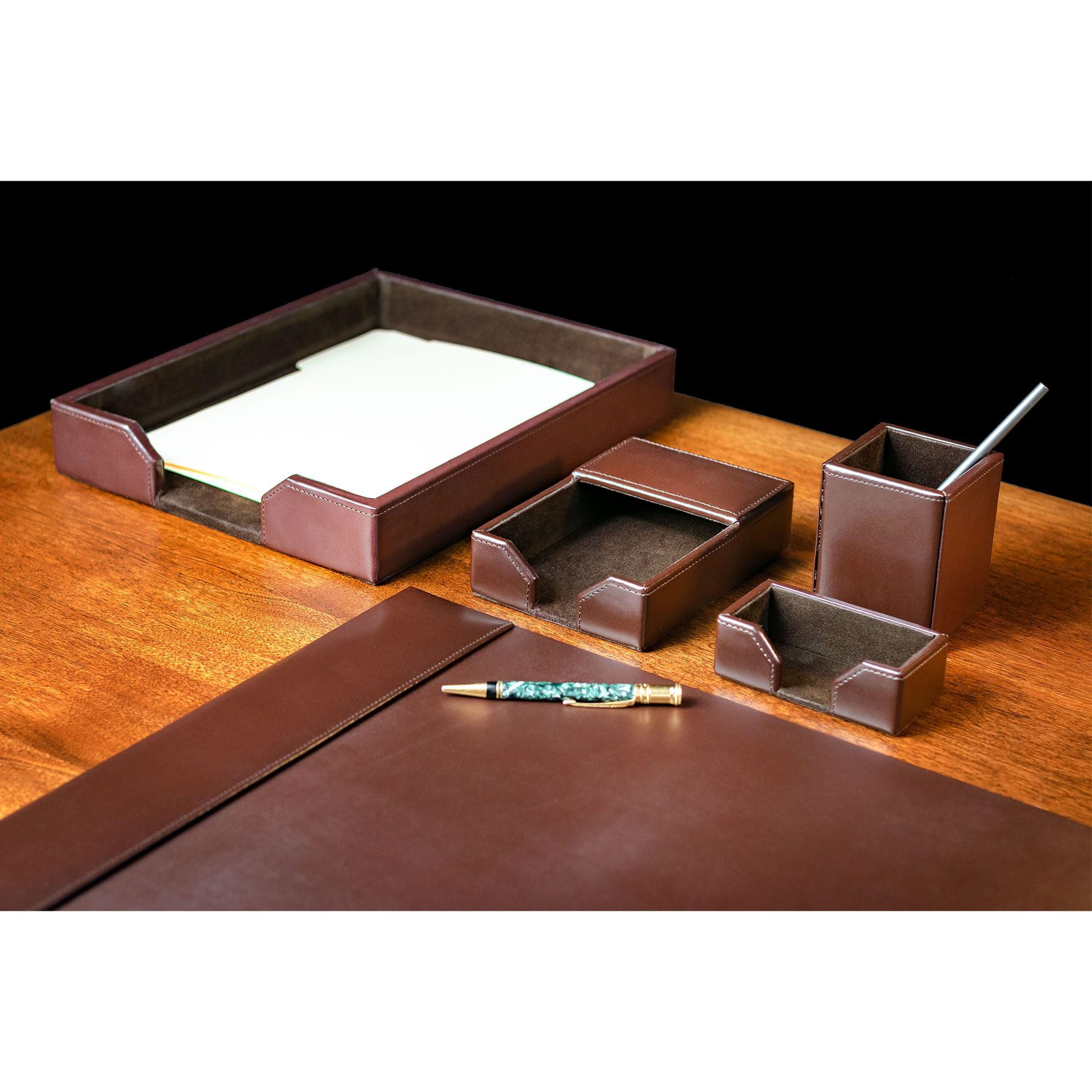 DACASSO Schreibtisch-Set aus Lederfaserstoff, luxuriöse Schreibtischunterlage und Schreibtisch-Organisations-Essentials – Büroorganisation & Chefschreibtischdekoration – (Dunkelbraun, 5-teilig)