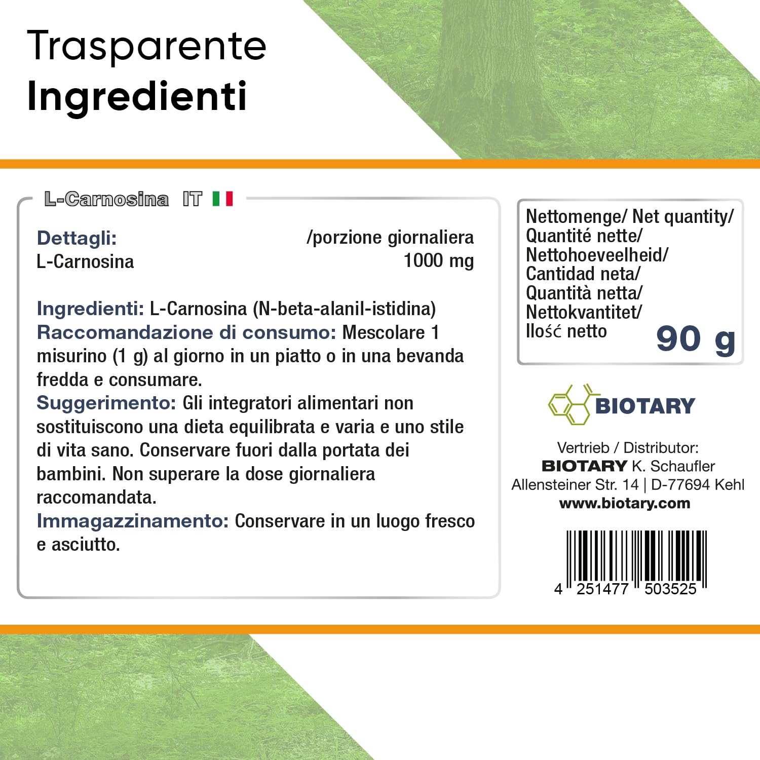 L-carnosina in polvere 90g | 1000 mg di porzione giornaliera | cucchiaio dosatore incluso | L-carnosina in polvere vegana pura al 100% | altamente dosata e priva di additivi | alta biodisponibilità
