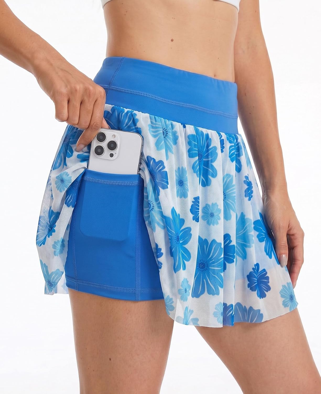 Women's High Waisted Tennis Skirt with Shorts and Pockets, Cute Mesh Athletic Skort Flowy Summer Tulle Skirt image 2
