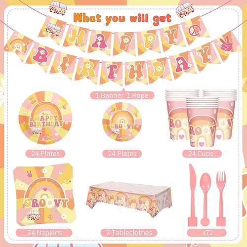 Miniatura 3 de Juego de vajilla de 189 piezas para fiesta de cumpleaños, Groovy Boho Hippie Daisy Mantel para 24 invitados, platos de postre, tazas y servilletas