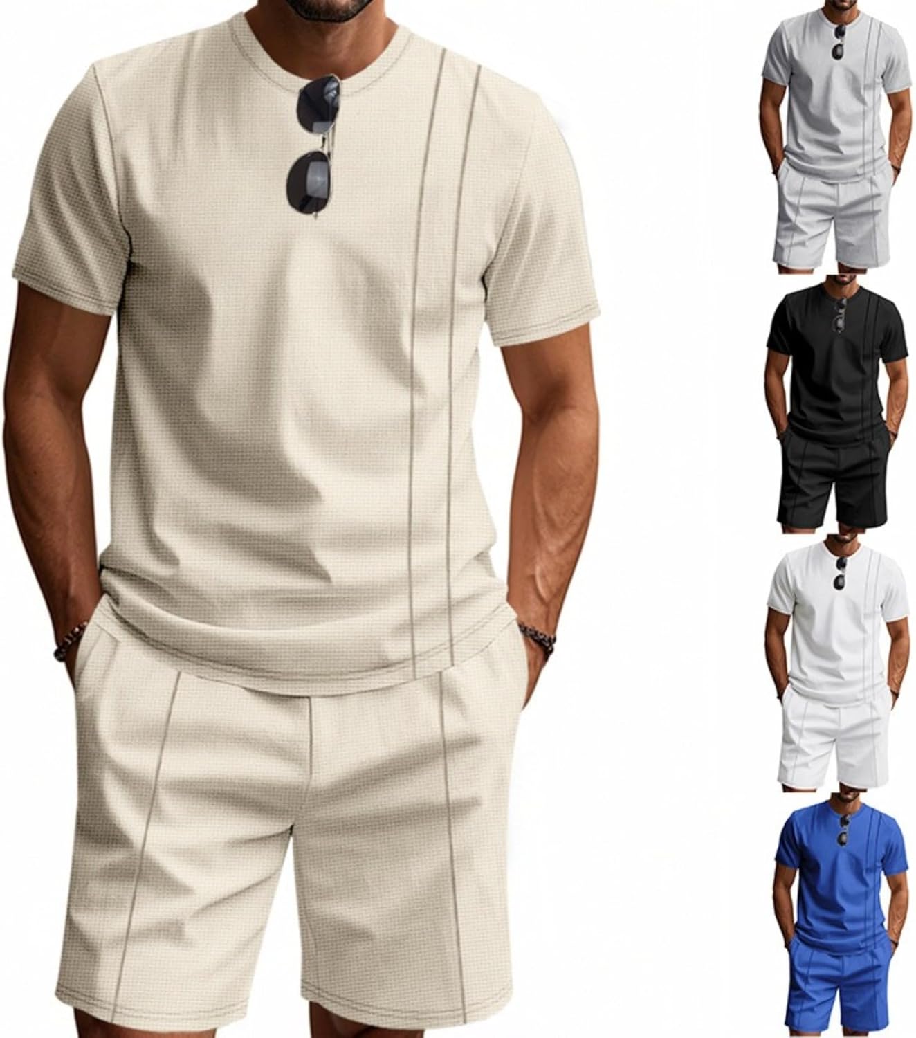 Men's Casual Suits 2 Piece Sets Summer Textured Short Sleeve Button Down Shirt and Shorts