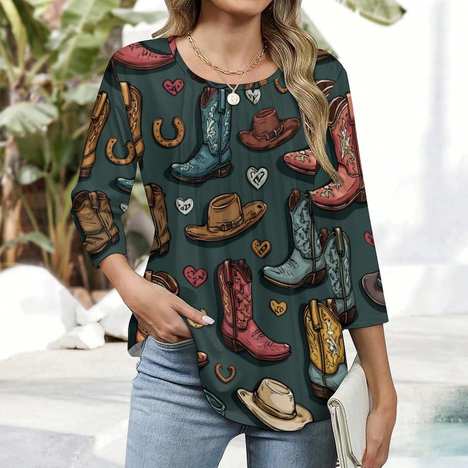 Women's 3/4 Sleeve Tops Tunic Shirts Dressy Casual Crew Neck Loose Blouse