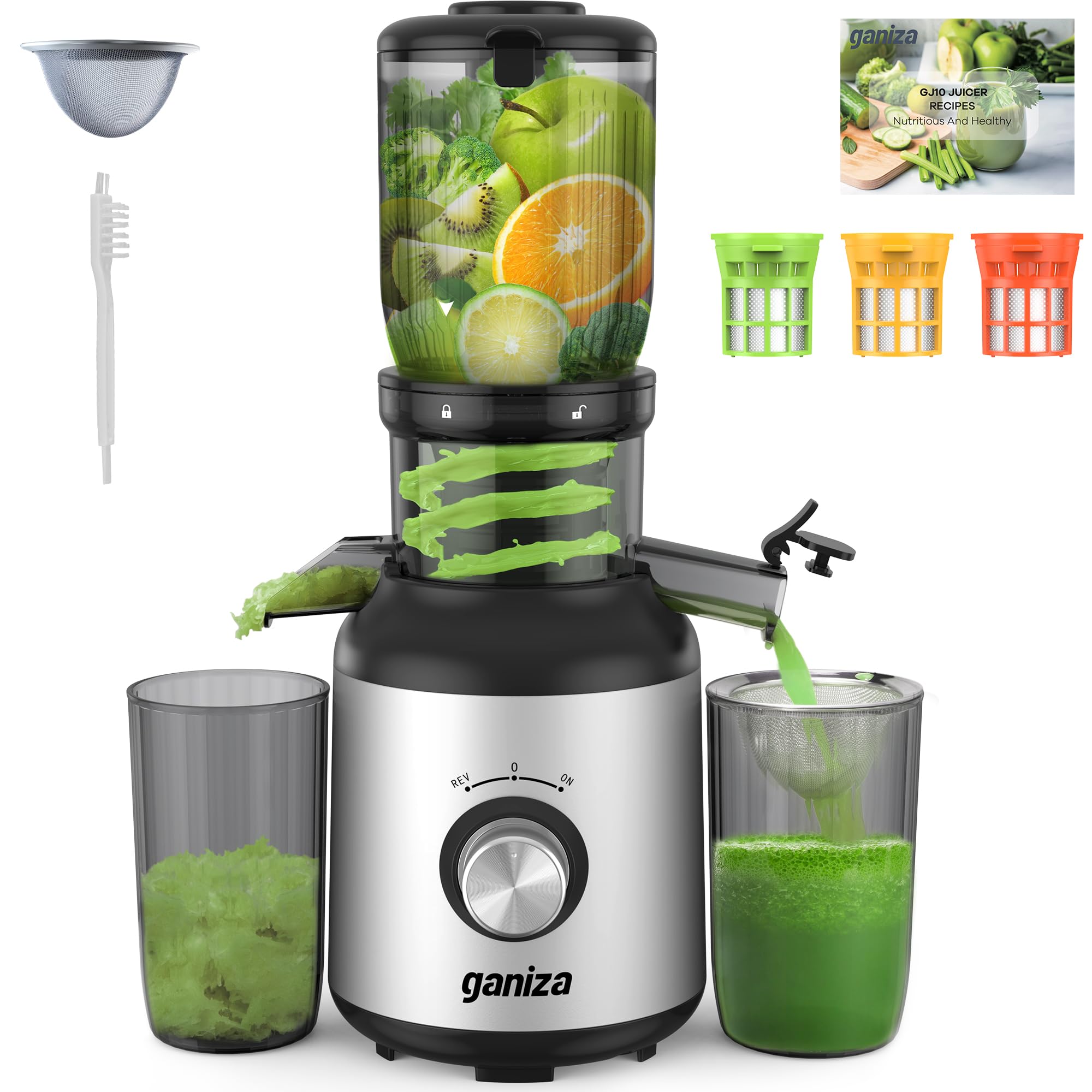 Ganiza Cold Press Juicer 4 3 Compact Space-Saving Design Juicer Machine with 3 Replaceable Filters One-Touch Ultra-Quiet Operation