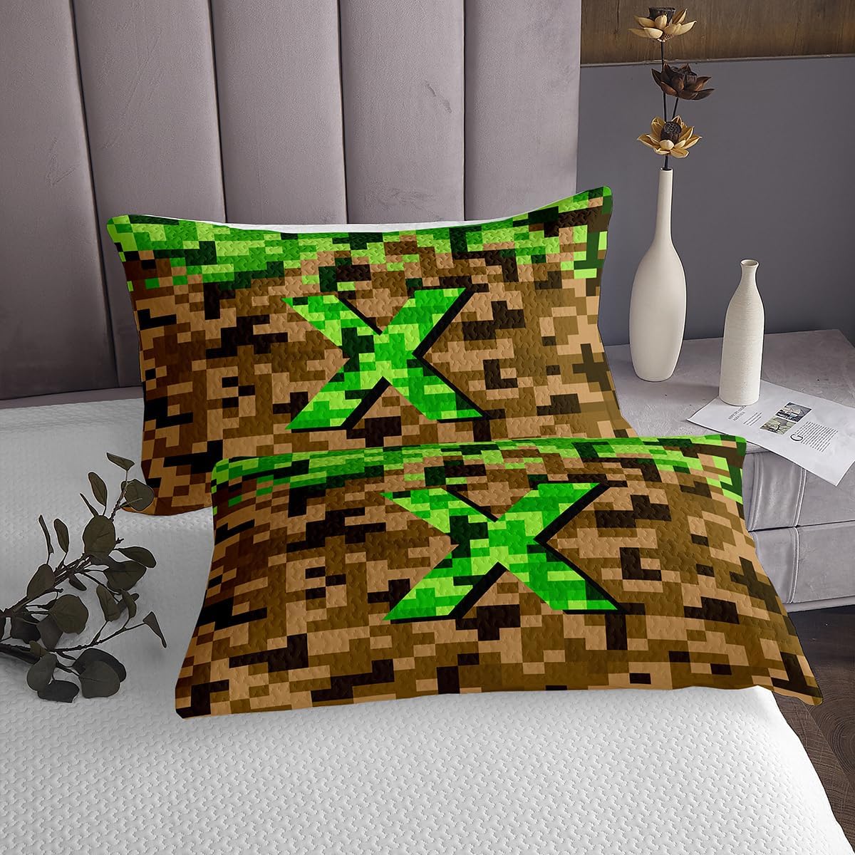 Castle Fairy Pixelated Letter X Bedspread Twin Size,Miner Style Games Bedding Sets 2Pcs for Kids Girls Boys Room Decor,Brown Green Block Comforter Set Modern Alphabet Quilt Coverlet,1 Pillowcase