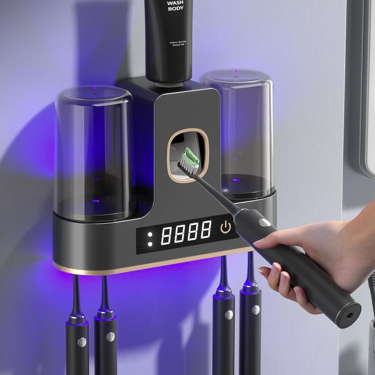 Electric Toothbrush Holders for Bathrooms, Dustproof Smart Toothbrush Holder Wall Mounted - 4 Brush/2 Cup, Auto Toothpaste Dispenser, Hot Air Drying & LCD Display,Toothbrush Cleaner (Gray)