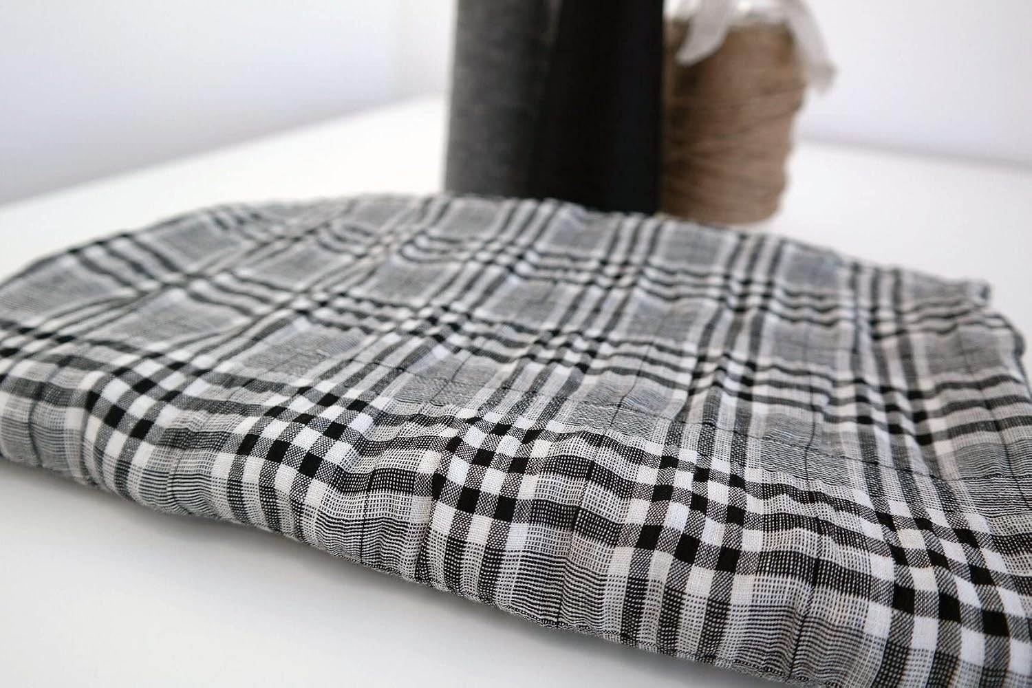 Black Linen Rayon Plaid Stretch Wrinkled Fabric | Versatile Material for Sewing, Crafts, and Home Decor