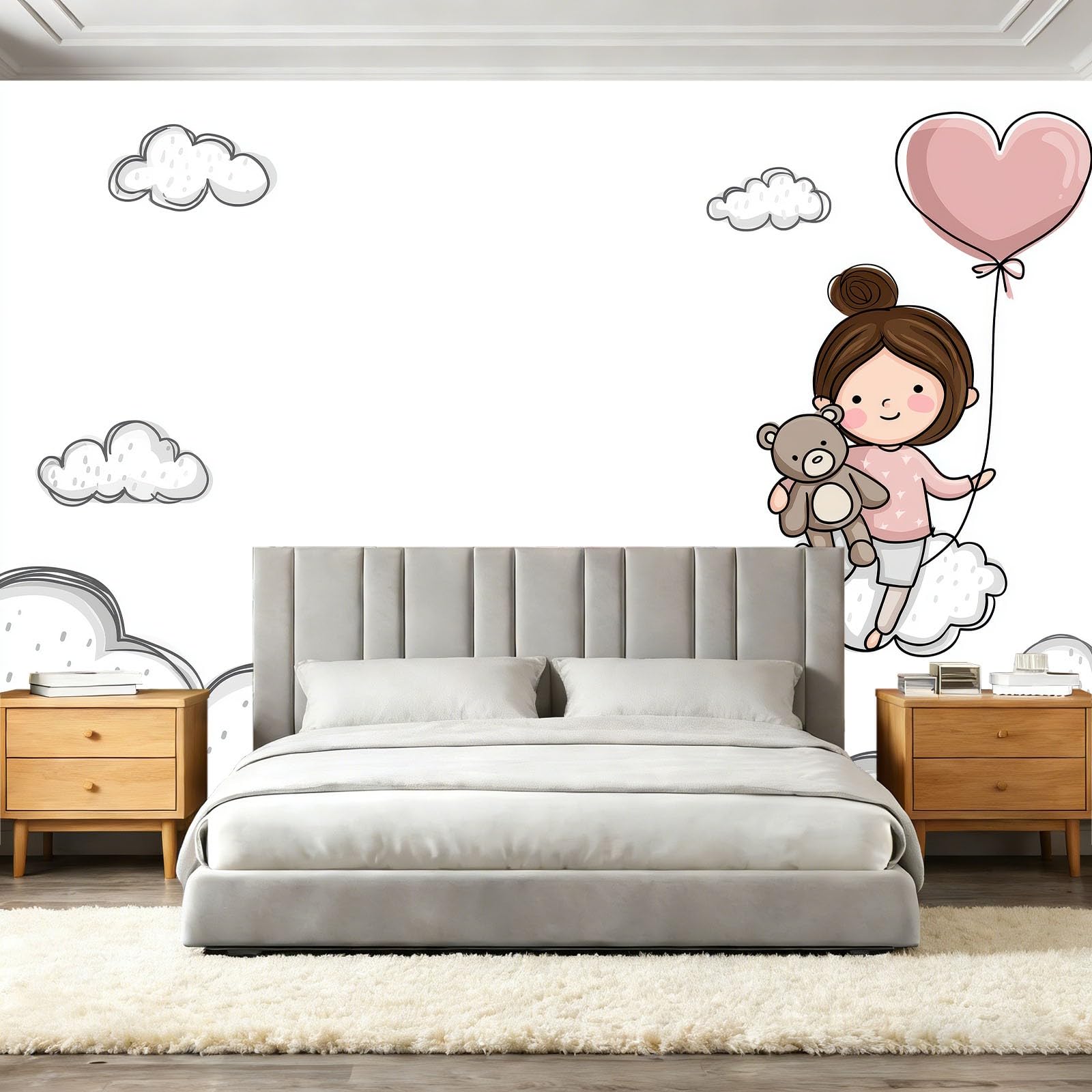 Duży mural ścienny 350 x 256 cm (szer. x wys.), różowy wzór chmurki z kreskówki, naklejana tapeta montażowa do głównej sypialni i salonu