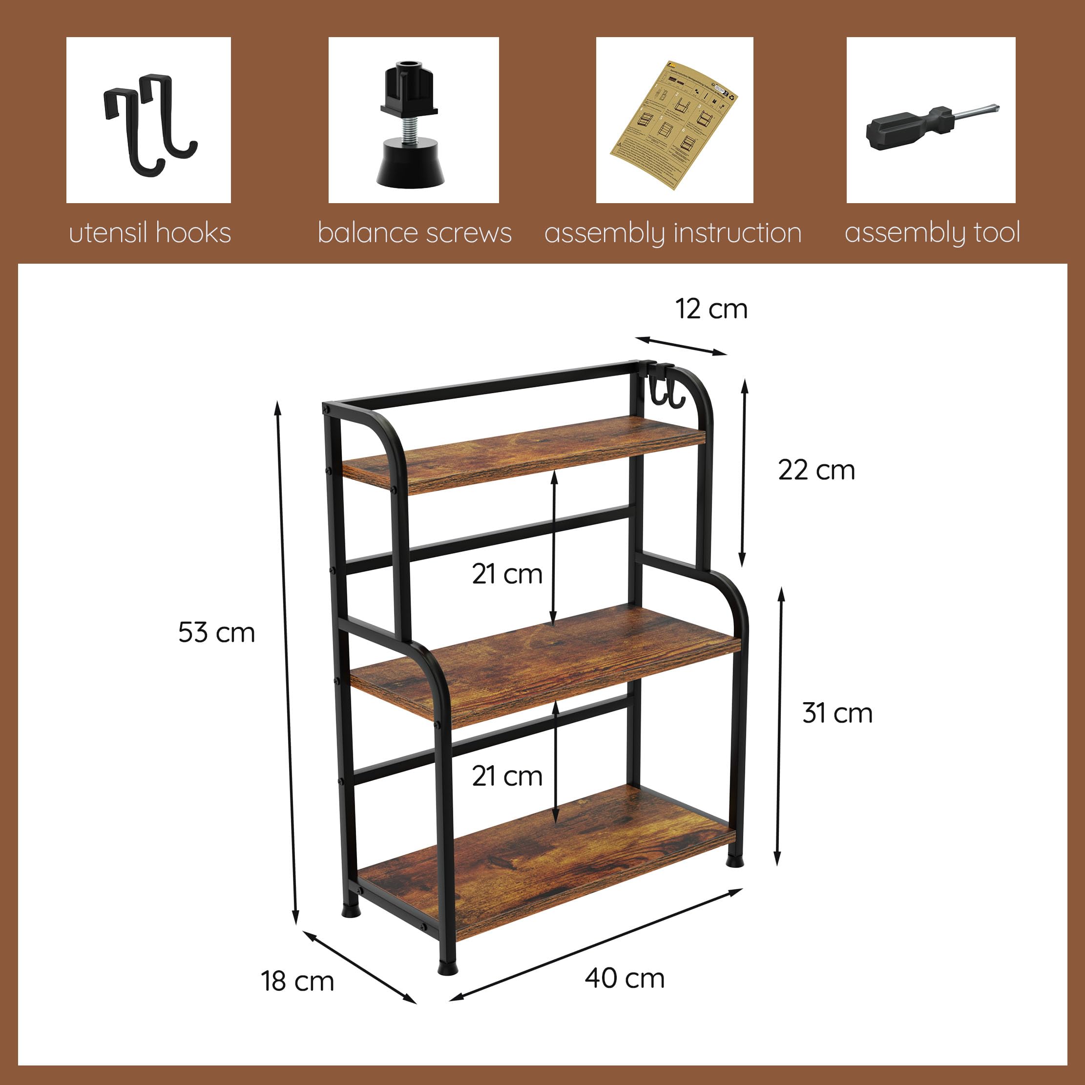 Porta Spezie per Cucina Salva spazio & Ripiano Salvaspazio Cucina | 53x40x18cm, in Metallo & Legno | – Portaspezie da Appoggio per Casa e Ufficio(SW-3-strati)