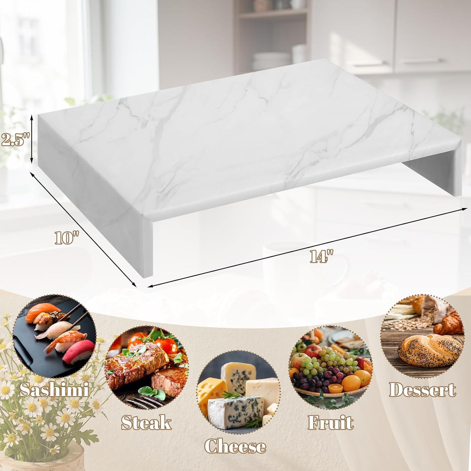 Marble Tray Table Display Riser Charcuterie Boards Cheese Cutting Footed Stand 14" L x 10" W x 2.5" H White for Vanity, Kitchen and Serving Decoration, or as Elegant Gatherings Board Gift