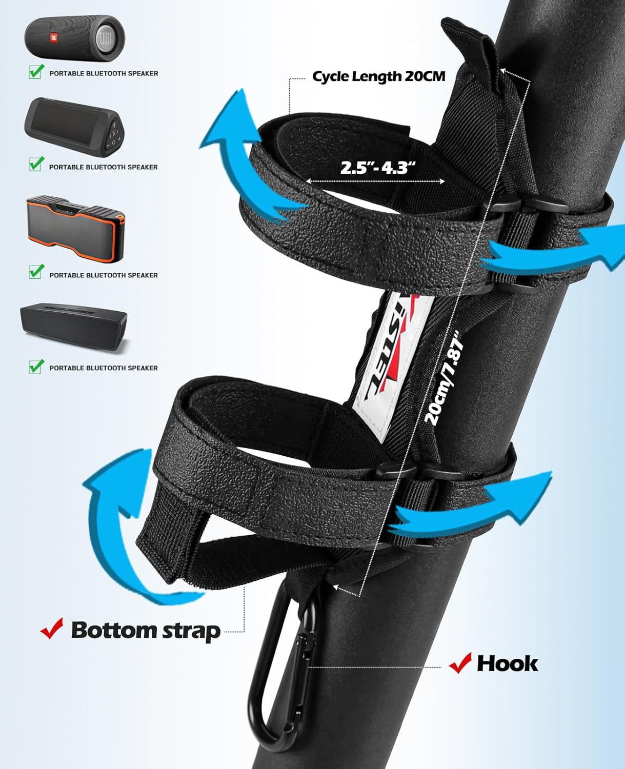 Xislet Speaker Holder for Bike with Carabiner, Adjustable Golf Cart Speaker Mount Fits JBL Charge 5 6 Flip 5 6 7 Anker Bluetooth Holder Strap for UTV ATV Ebike Scooter Boat Club Car Jet Ski - Image 2