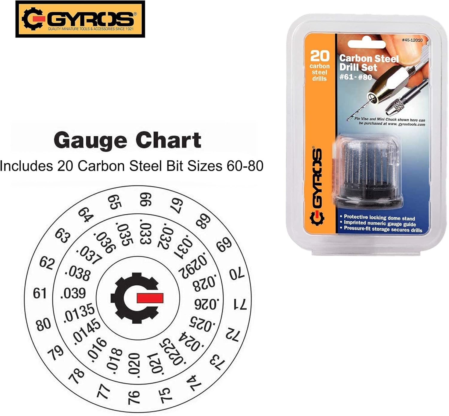Gyros® Carbon Steel Wire Gauge Mini Twist Drill Bit Set |Includes 20 Micro Carbon Steel Bit Sizes #61 to #80 | with Convenient Clear Dome Storage Case (45-12010) - Ceiling Fan Replacement Blades - 