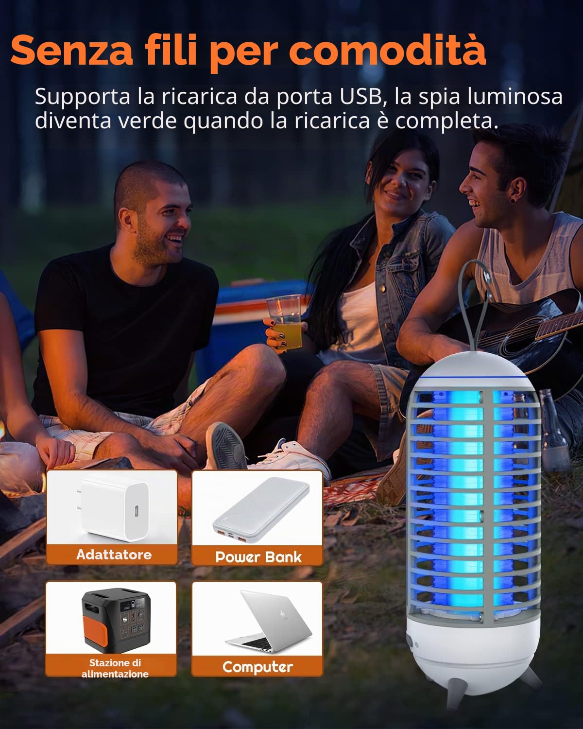 Lampada Antizanzare, PRANITE 2500mAh Zanzariera Elettrica da Campeggio 2 in 1, Antizanzare Giardino Ricaricabile USB, IP65 Insetticida per Zanzare Portatile per Esterno, Interno